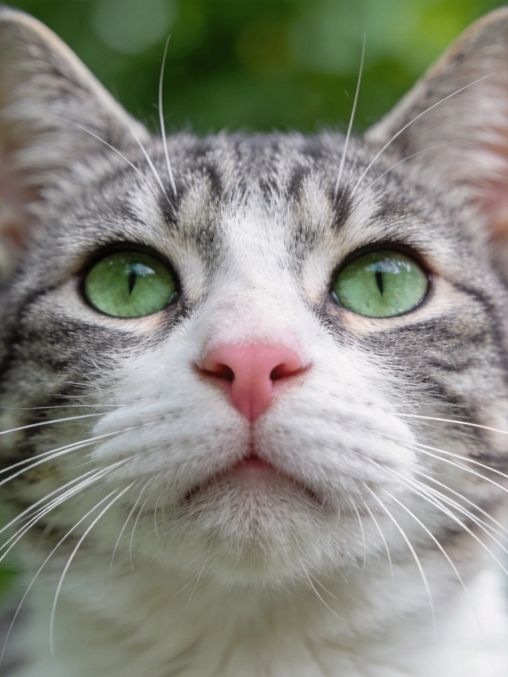 A close-up of a tabby cat displaying its bright green eyes and distinct facial features.