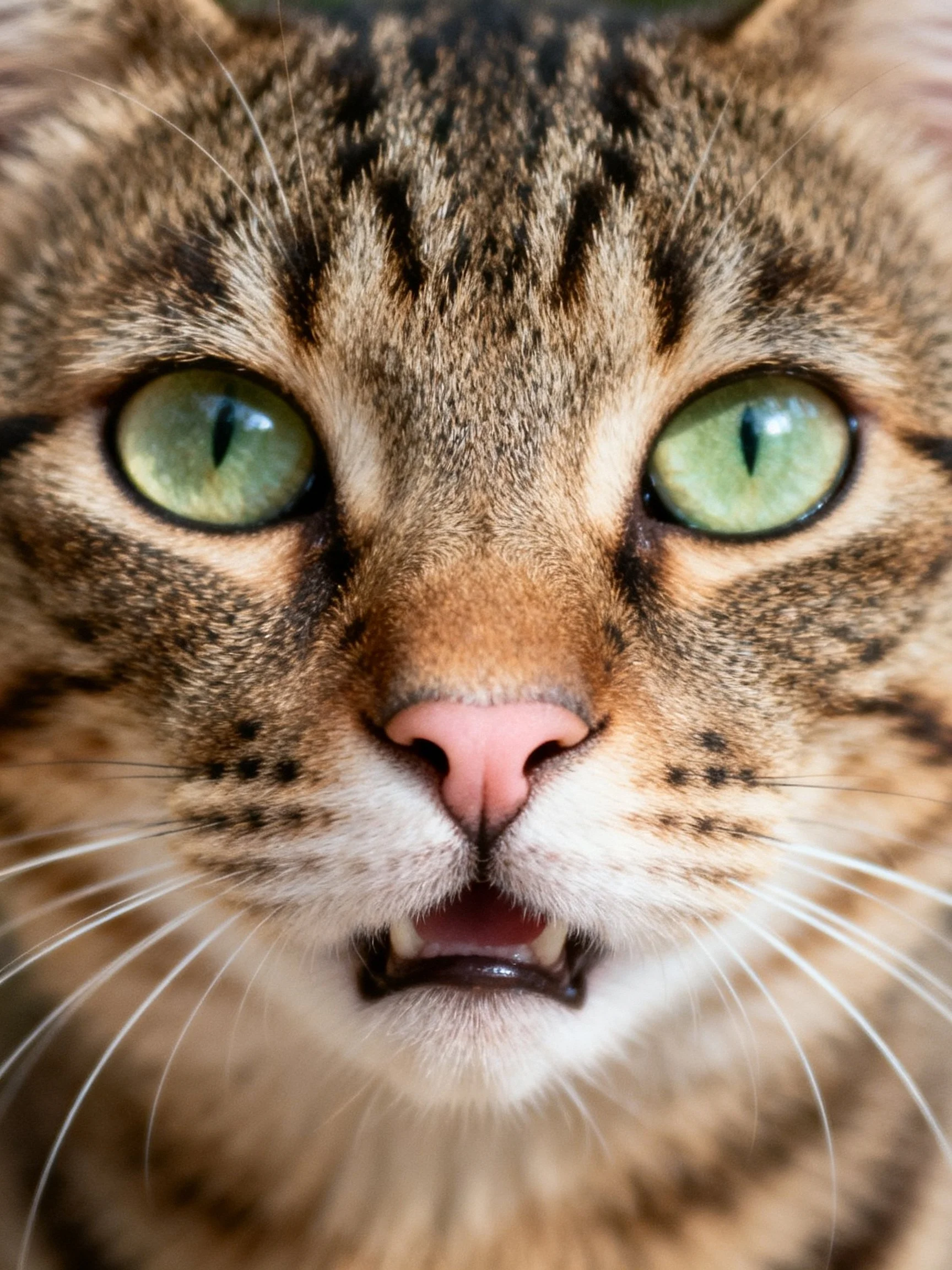 A tabby cat’s facial features, including green eyes and patterned fur, are displayed in an intimate close-up.