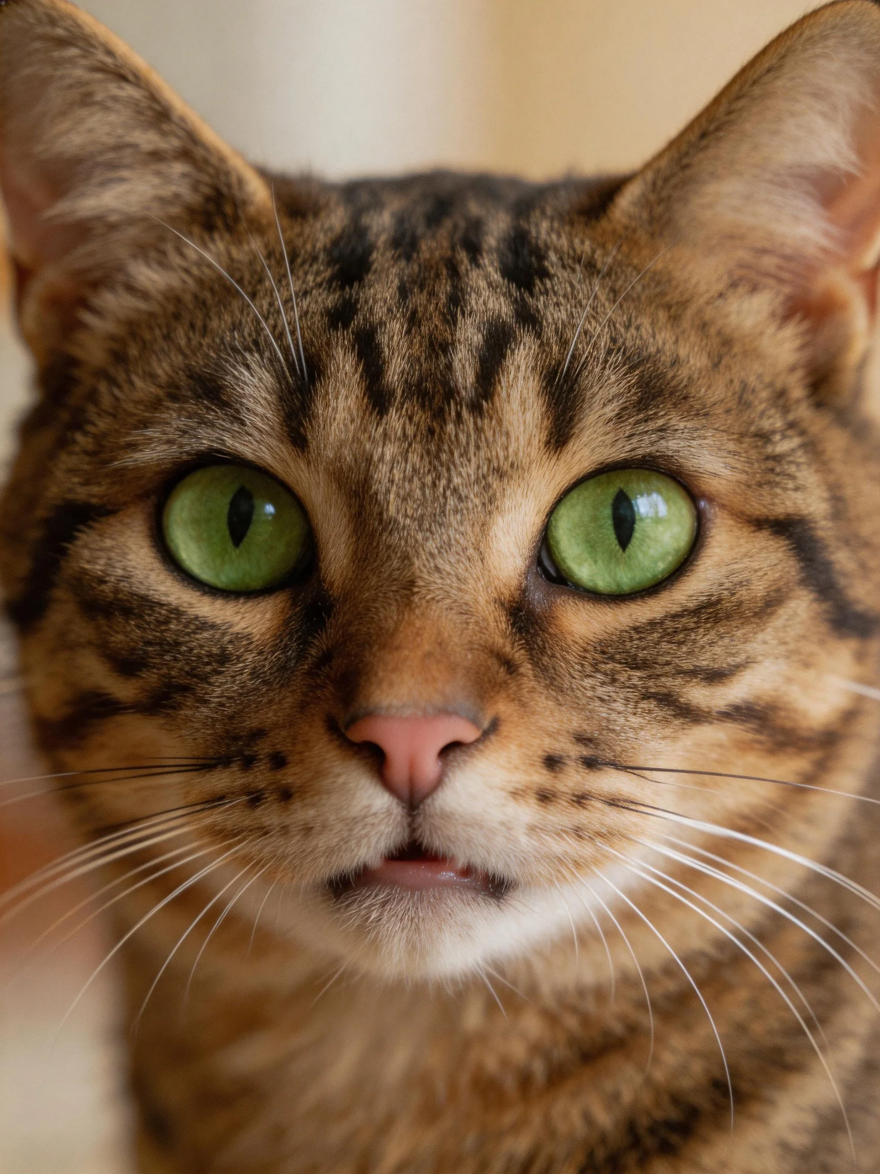 A close-up highlights a tabby cat’s vivid green eyes and patterned fur.