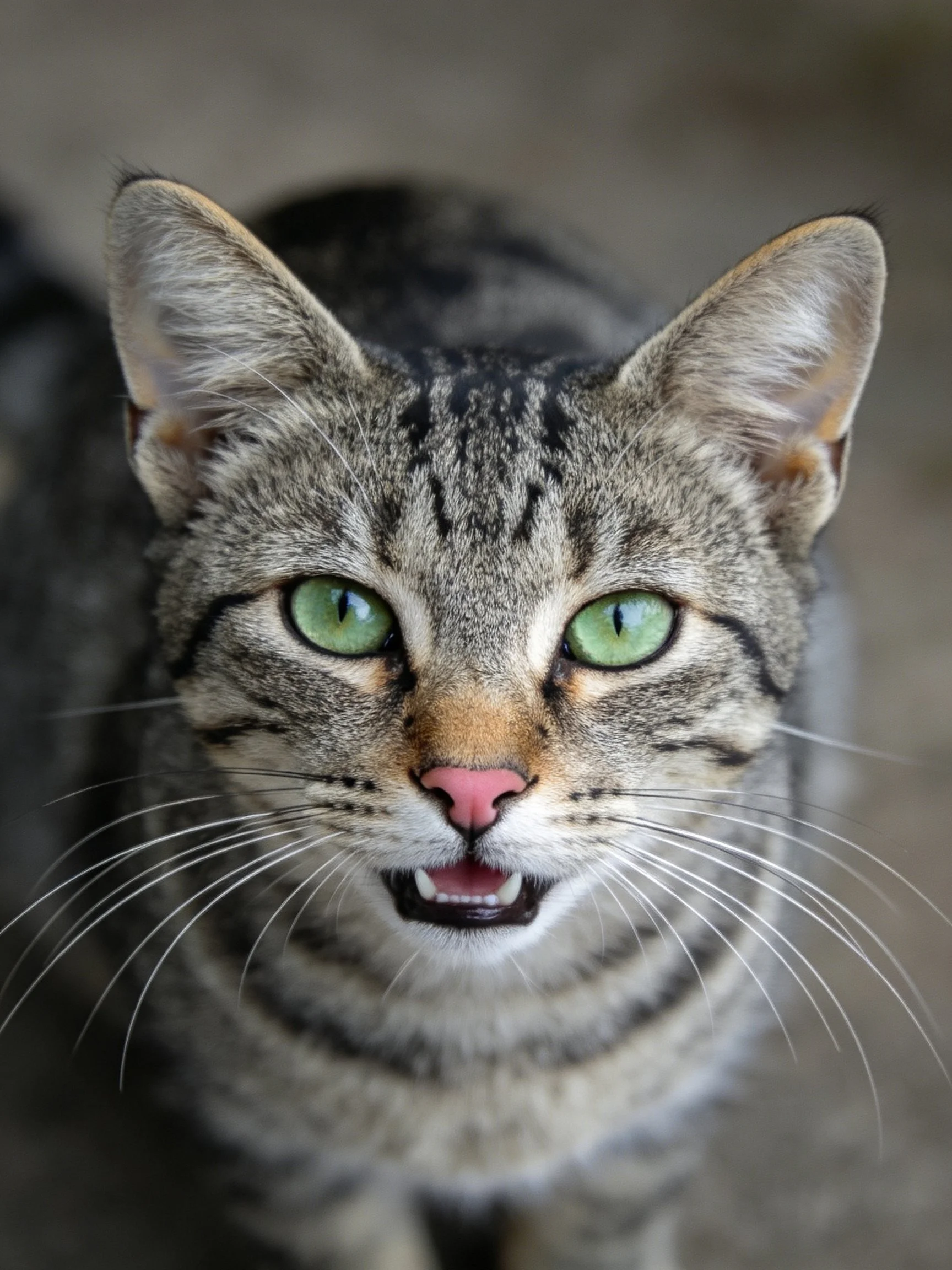A tabby cat with bright green eyes looks directly at the camera.