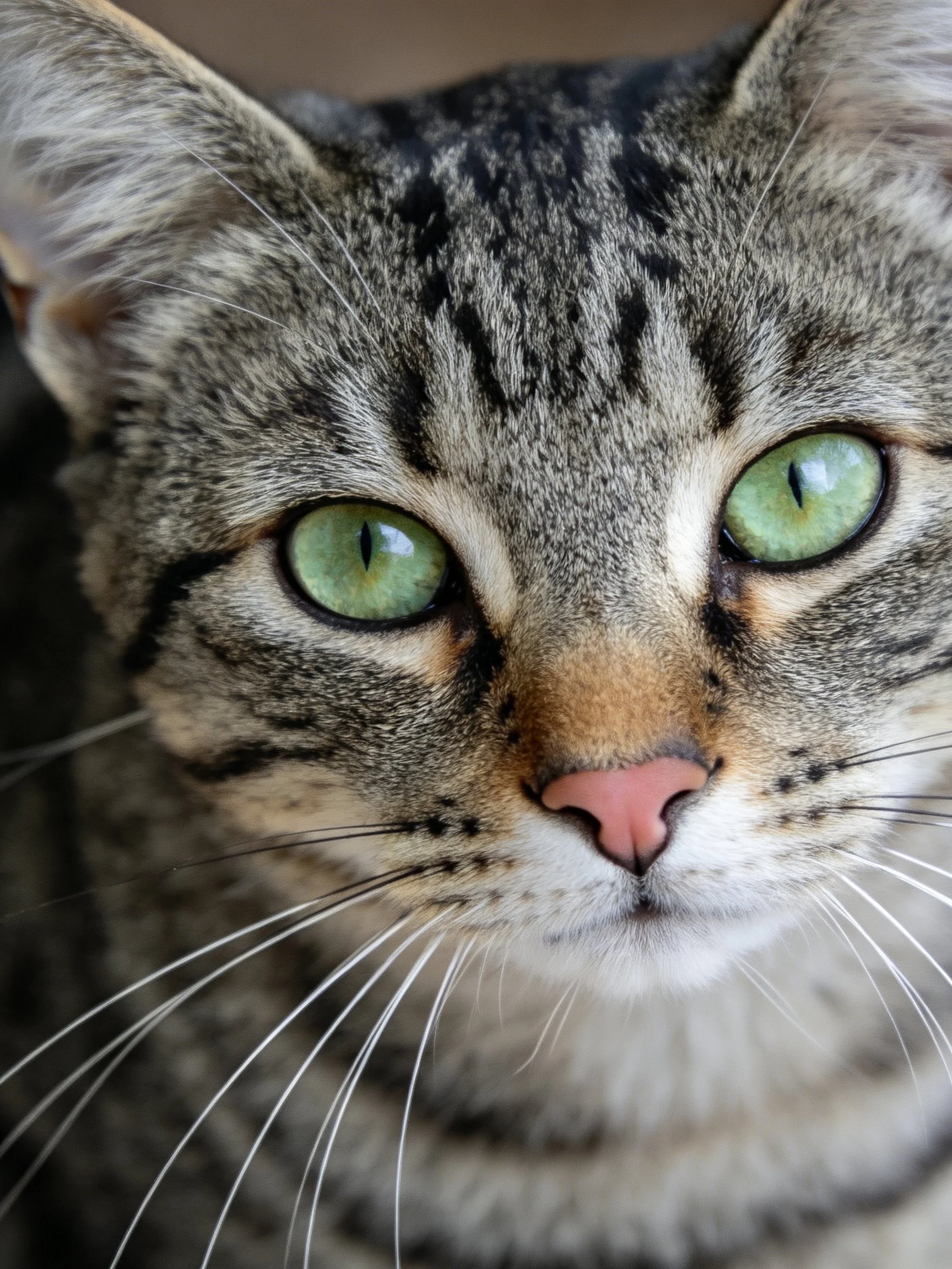 A close-up shows a tabby cat with bright green eyes.