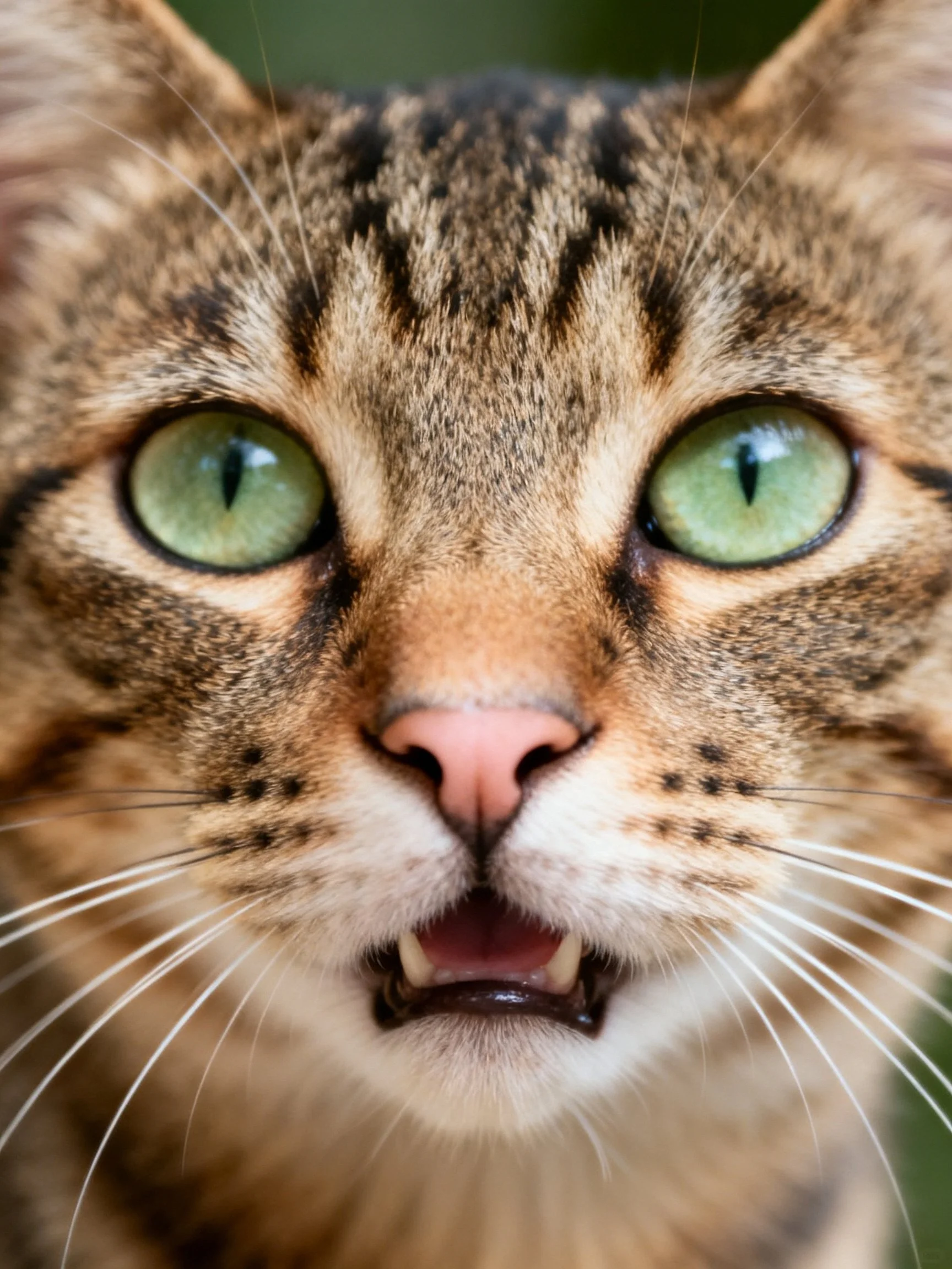 Close - up of a tabby cat with bright green eyes showcasing its facial features.