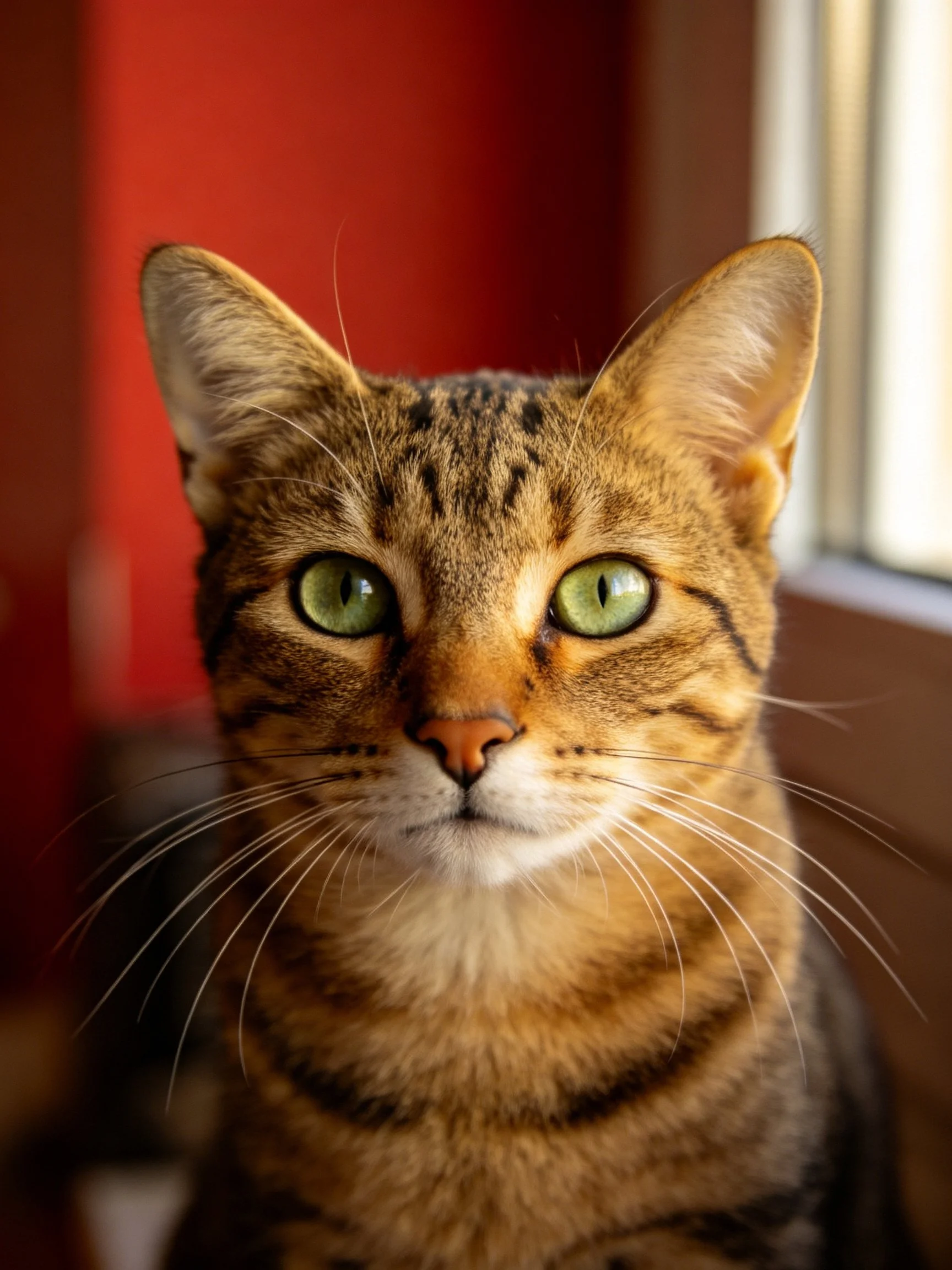 Tabby cat with bright green eyes sits near a red wall by a window.