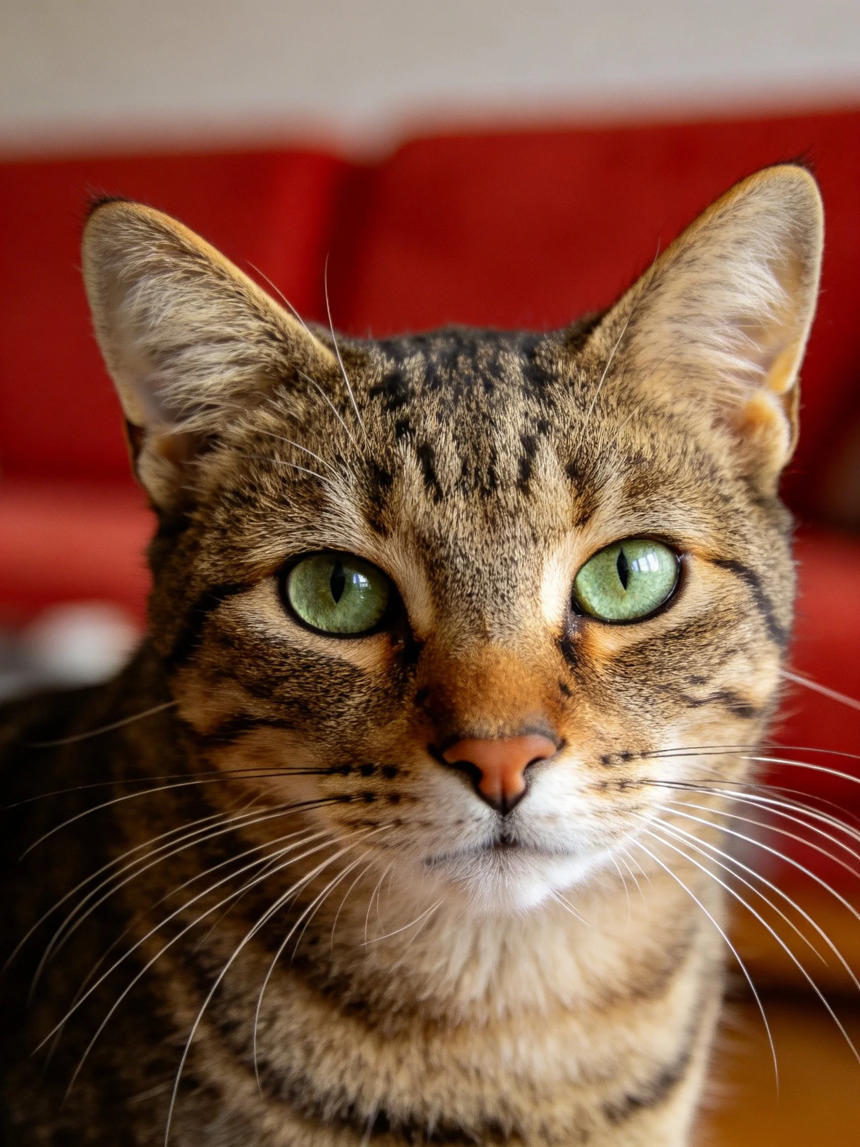 A close-up shows a tabby cat with bright green eyes near red furniture.