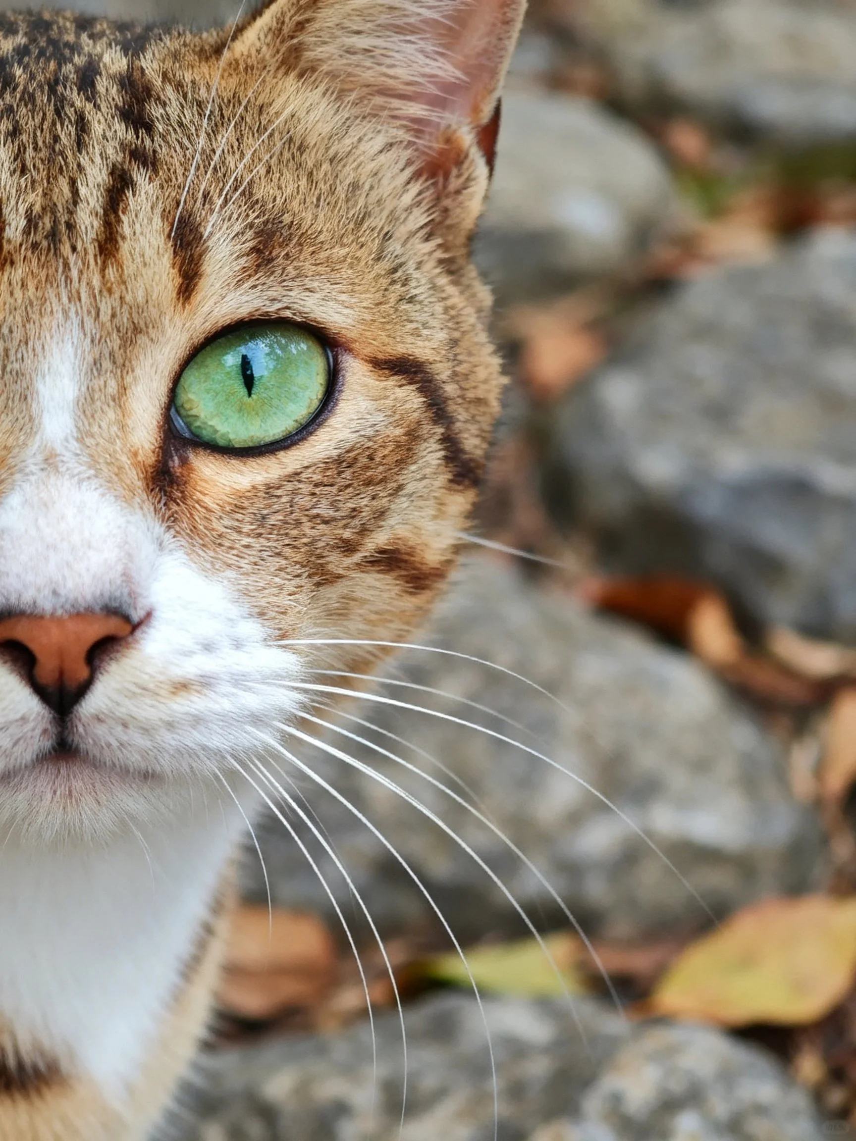 Tabby cat with bright green eyes is photographed near rocks
