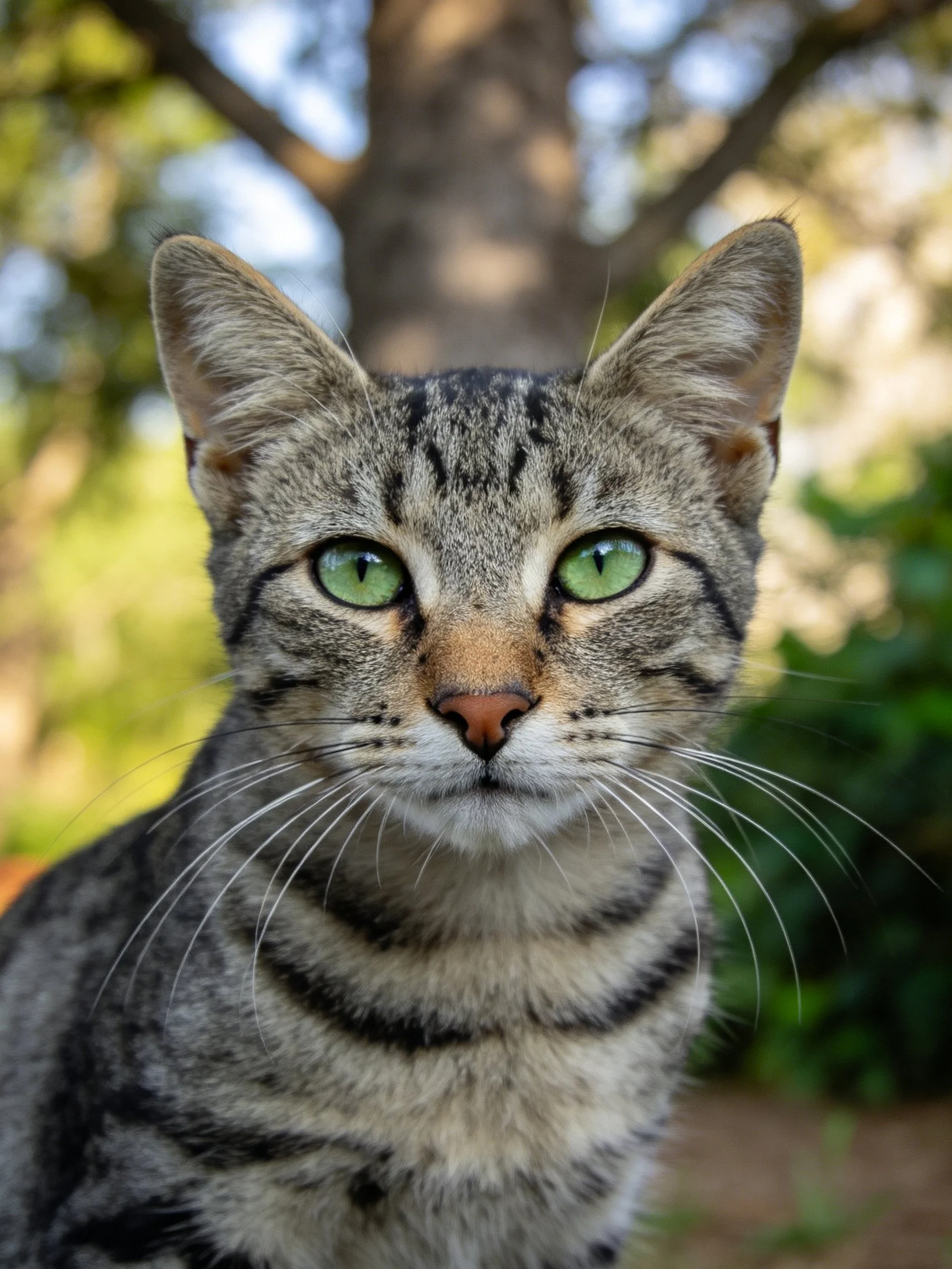 A tabby cat with bright green eyes is photographed up close near trees.