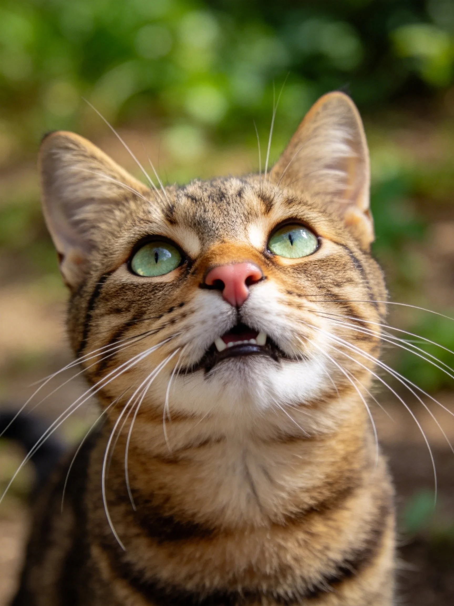 A tabby cat with bright green eyes looks upward in an outdoor area.