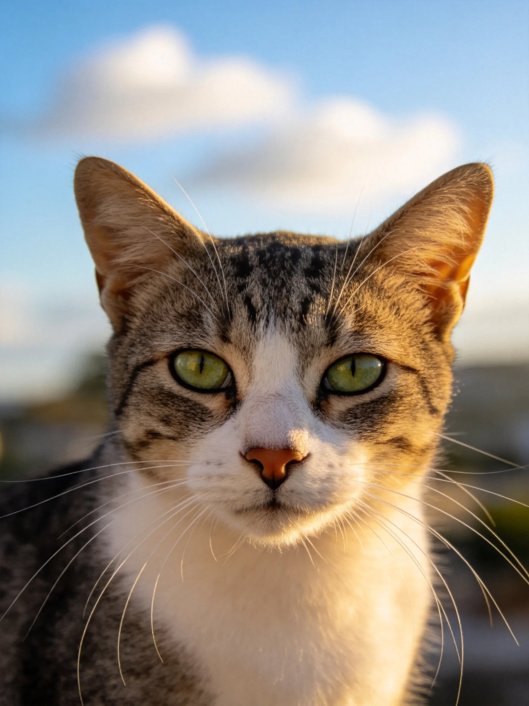 A tabby cat with bright green eyes is photographed up close in an outdoor setting.