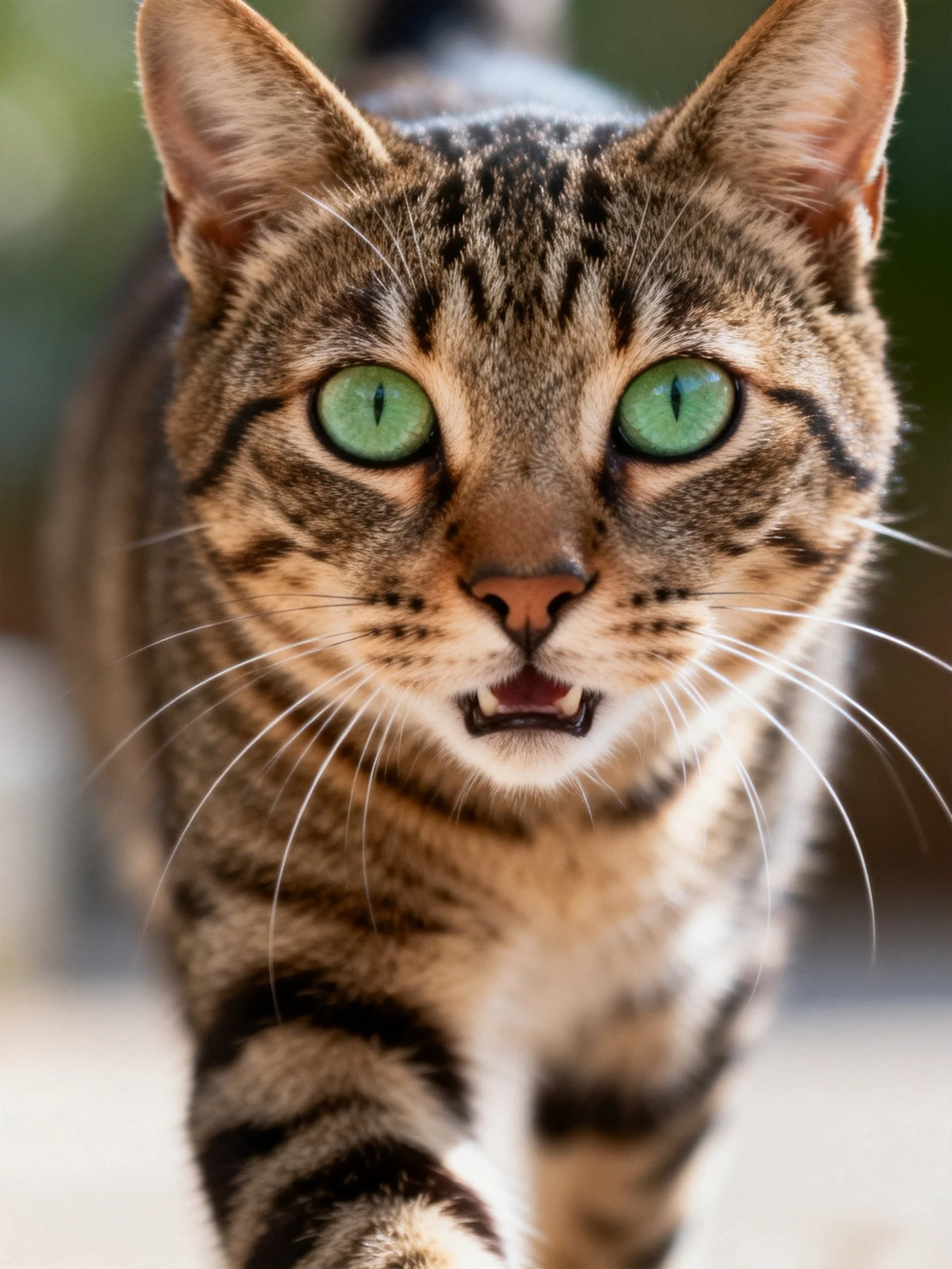 Tabby cat with bright green eyes gazes directly at the viewer.
