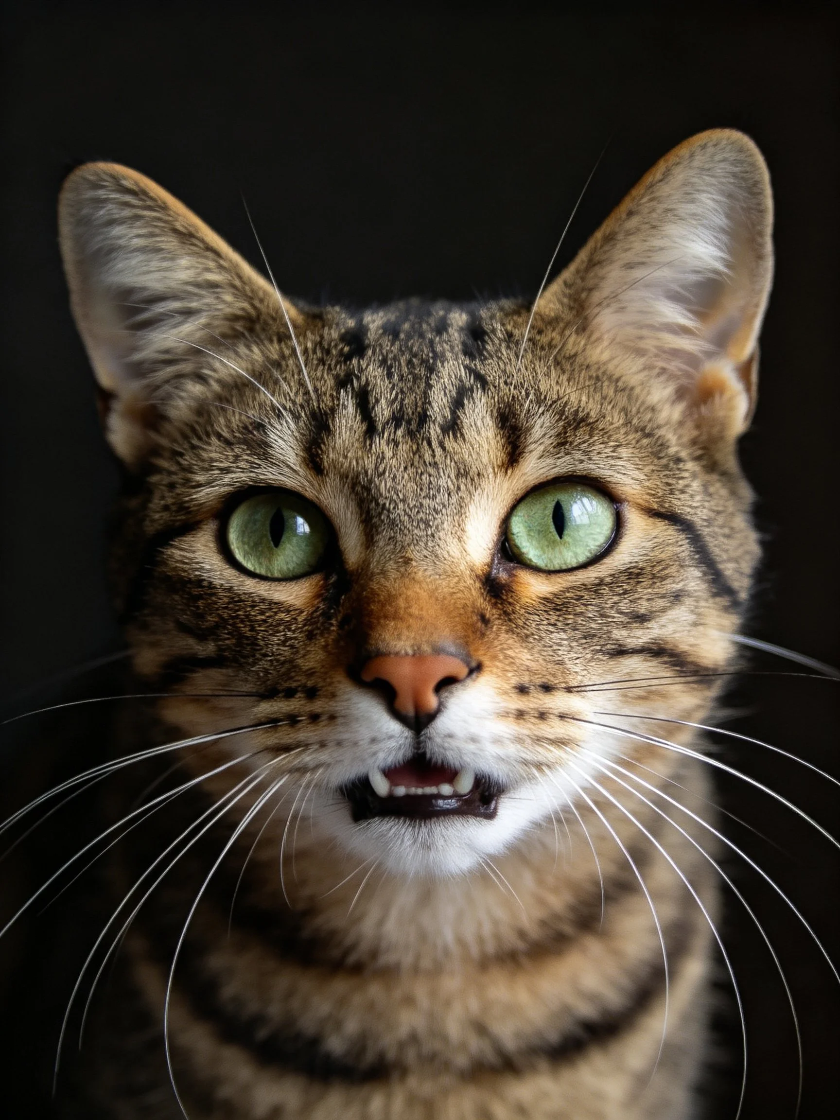 A close - up of a tabby cat with green eyes.