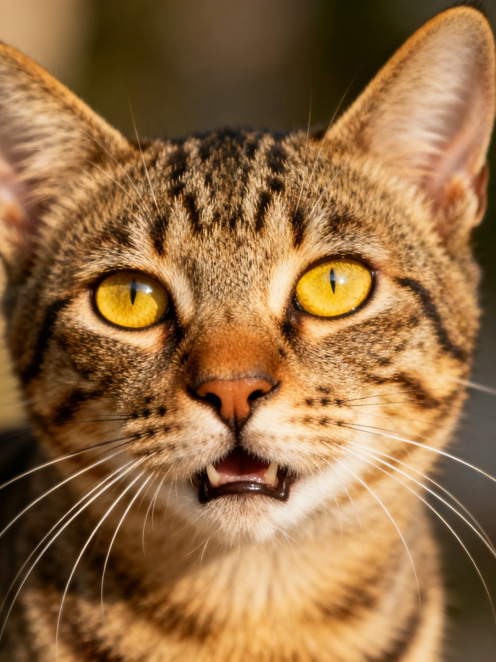 A tabby cat with bright yellow eyes is photographed up close.