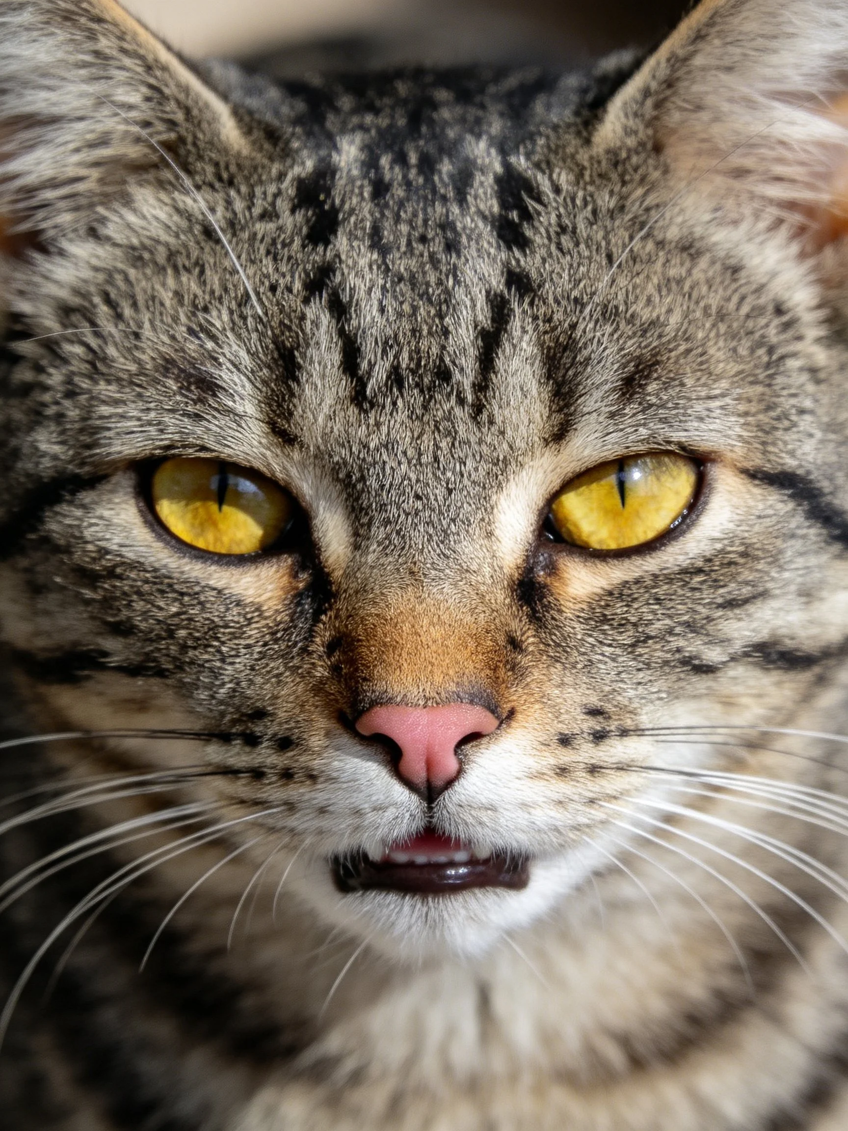 A close-up of a tabby cat highlighting its bright yellow eyes and striped facial features