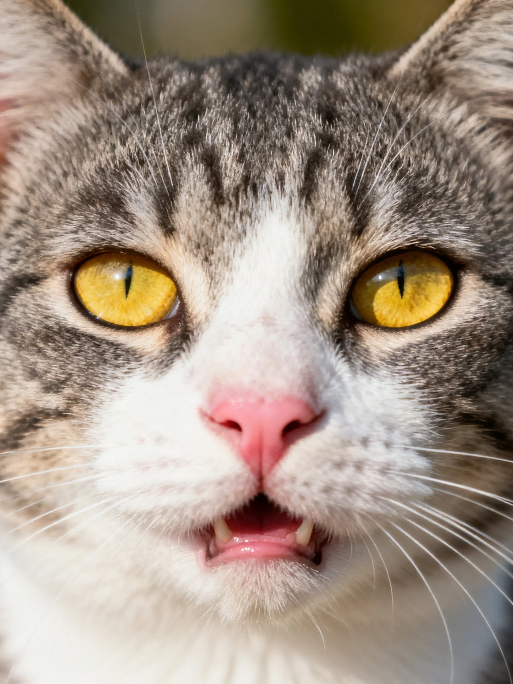 A close-up view of a tabby cat featuring bright yellow eyes and a pink nose.