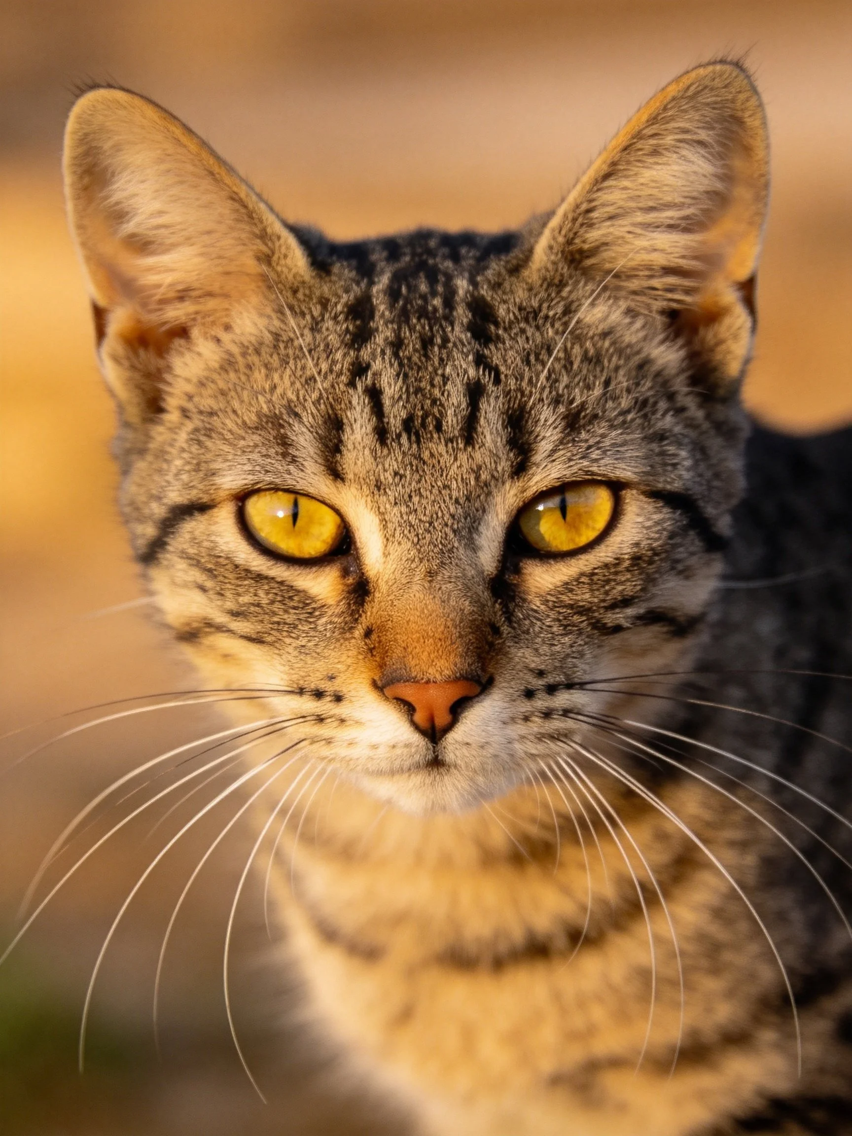 A close-up reveals a tabby cat with vivid yellow eyes and distinct striped fur patterns.