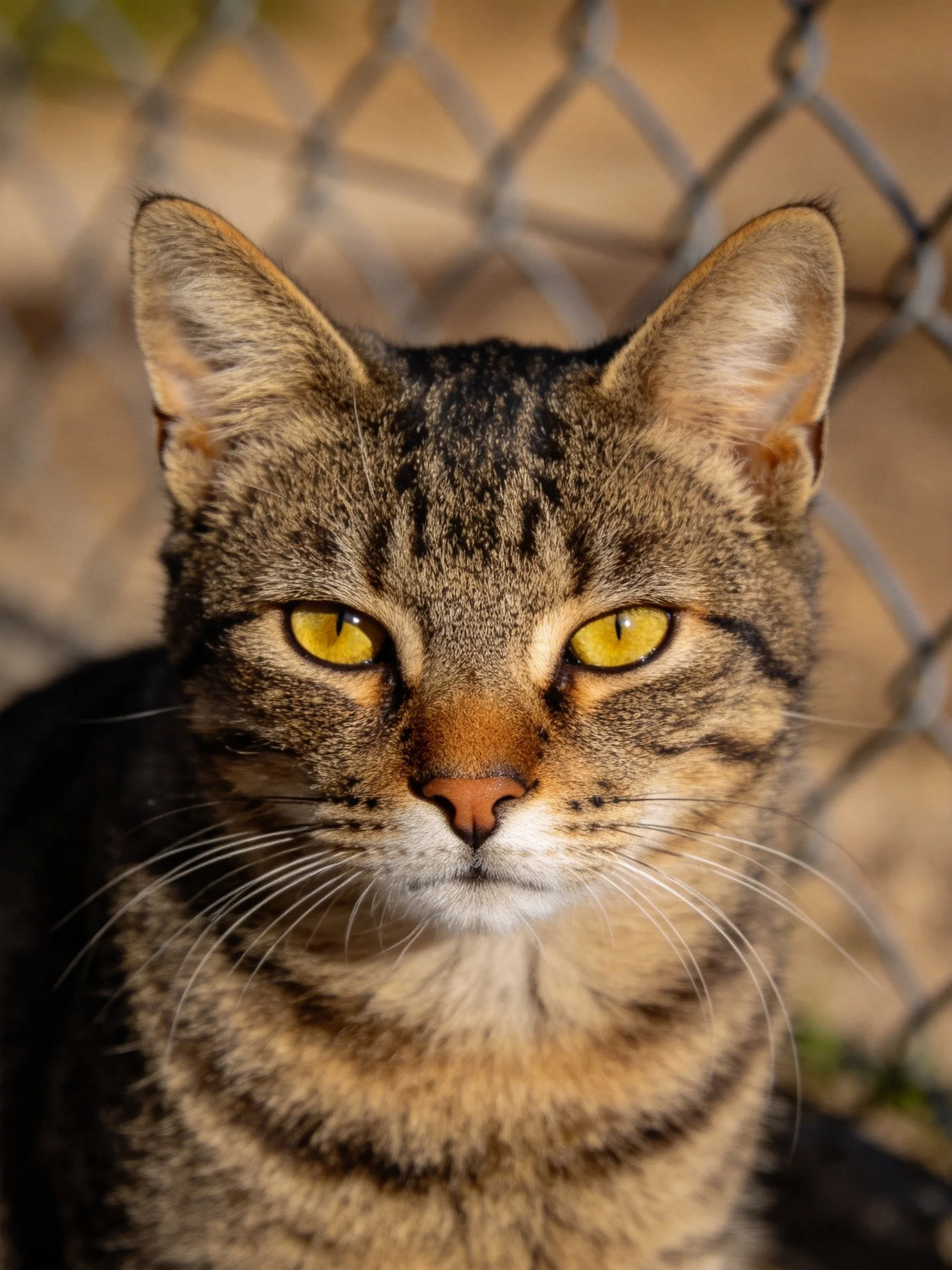 A tabby cat with striking yellow eyes rests near a chain-link fence.