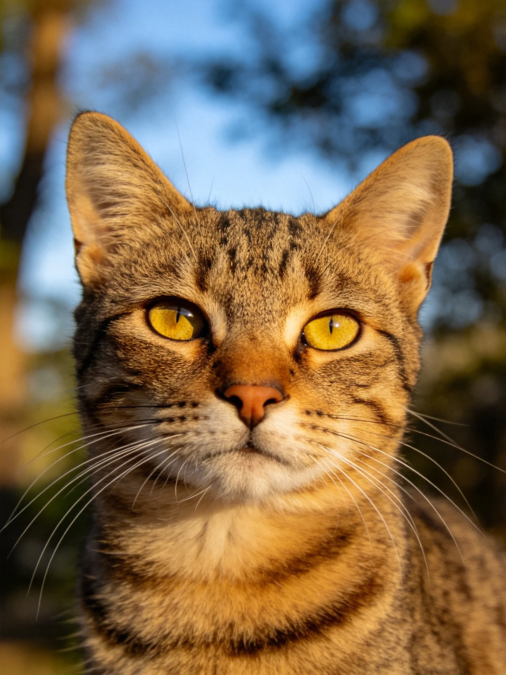 Close - up of a tabby cat with bright yellow eyes in an outdoor scene