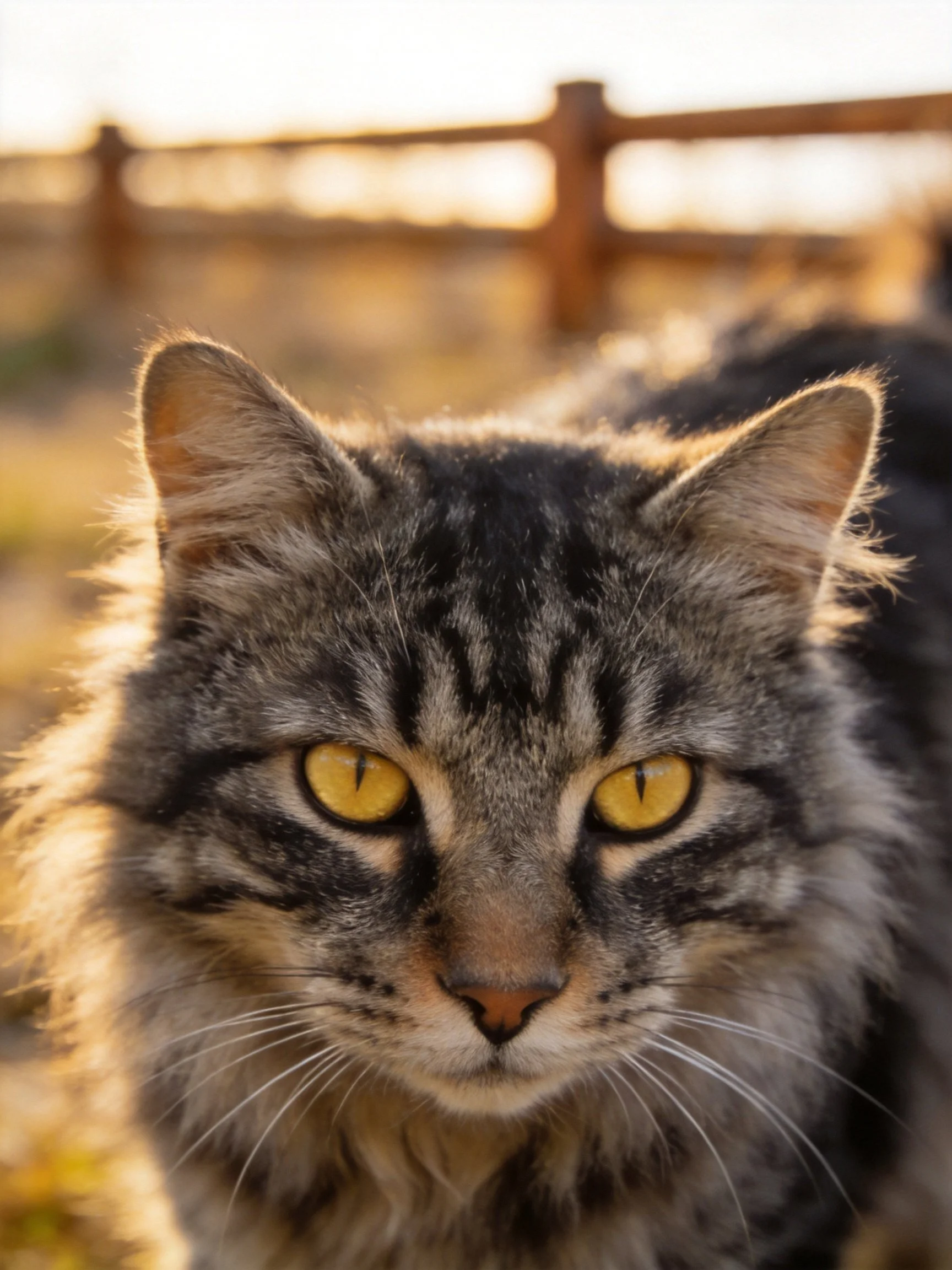 A tabby cat with bright yellow eyes is photographed closely outdoors.