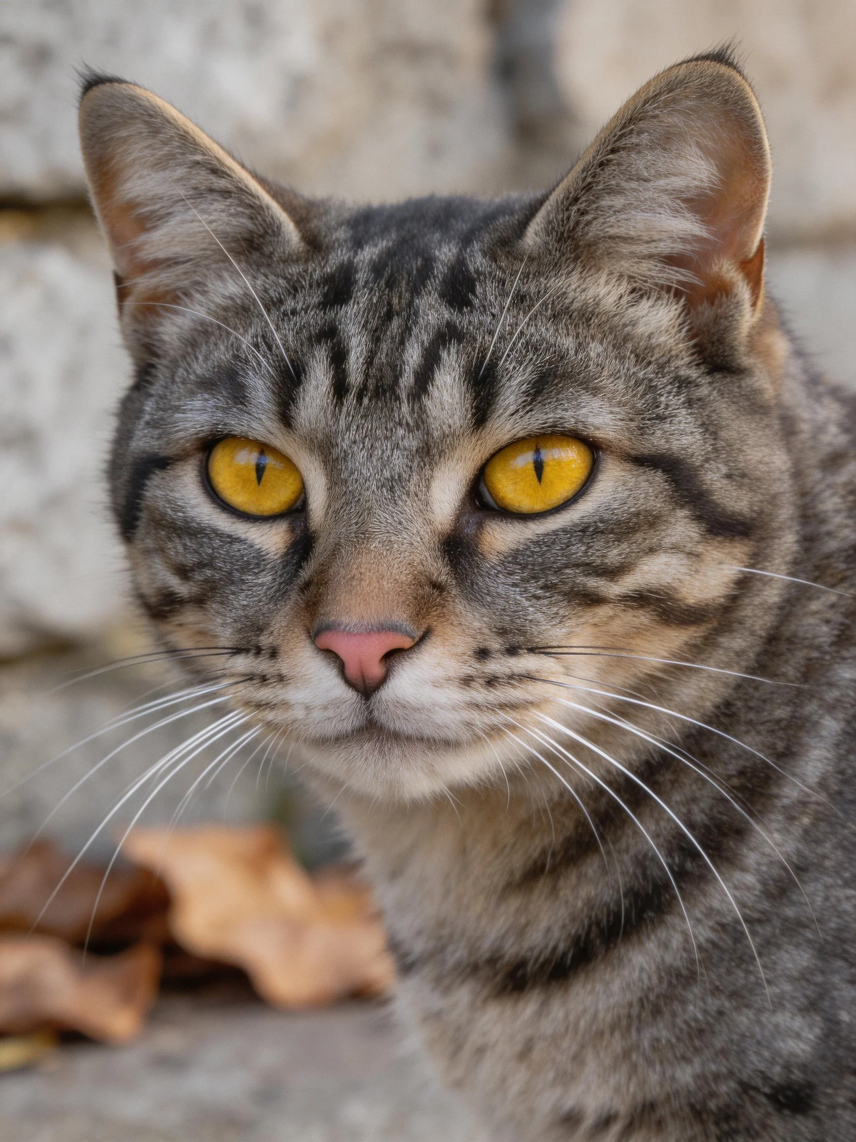 A tabby cat with vivid yellow eyes is shown up close beside a stone wall.