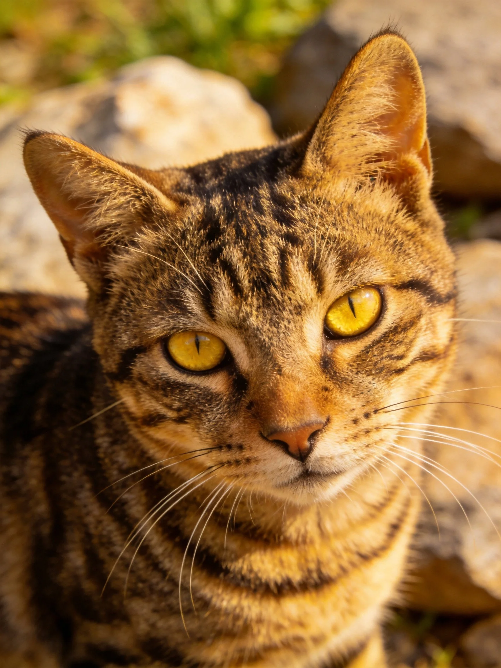 A tabby cat with bright yellow eyes is near rocks in natural light.