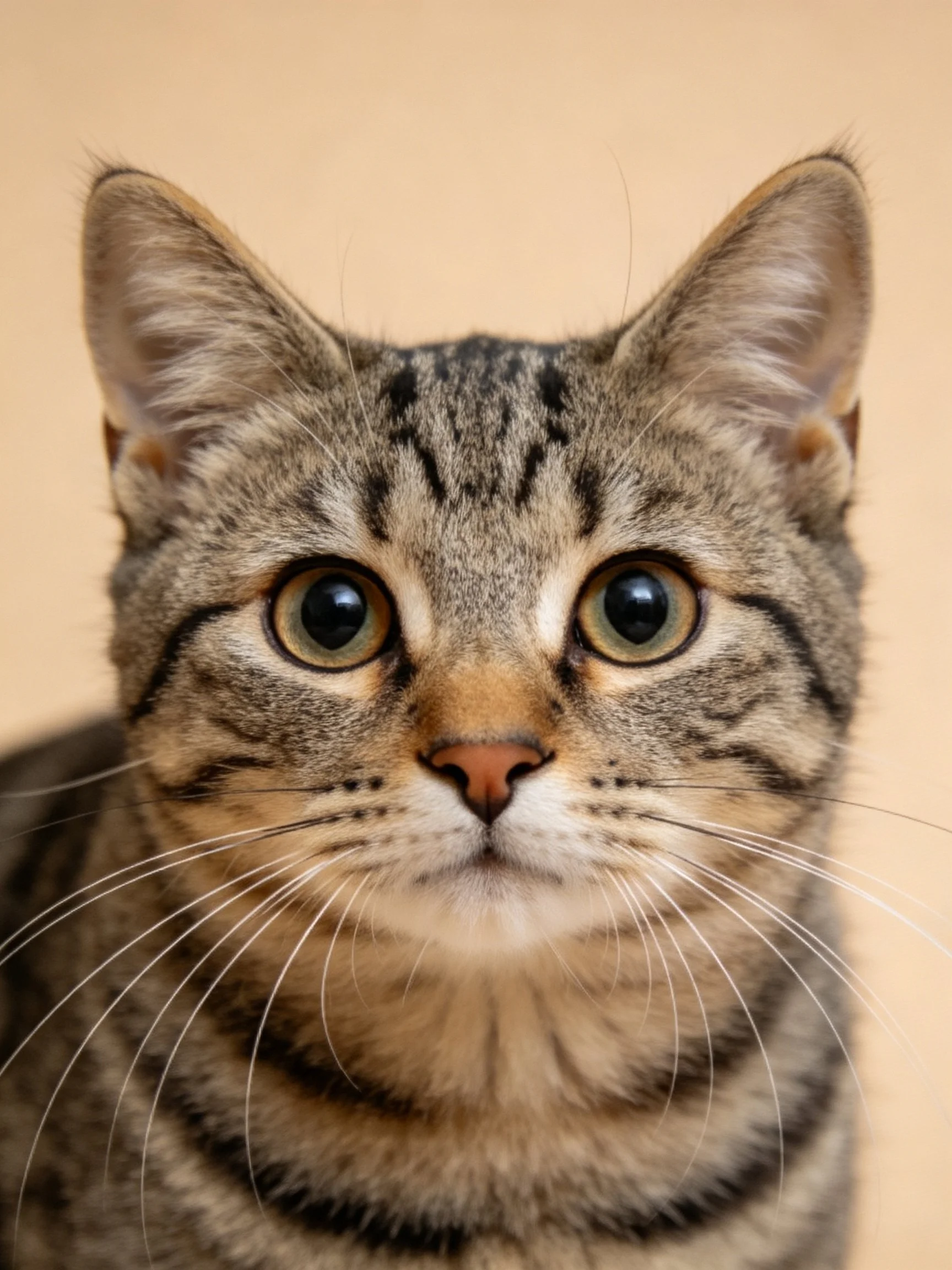 A close-up shows a tabby cat with large green eyes and distinct striped fur patterns.