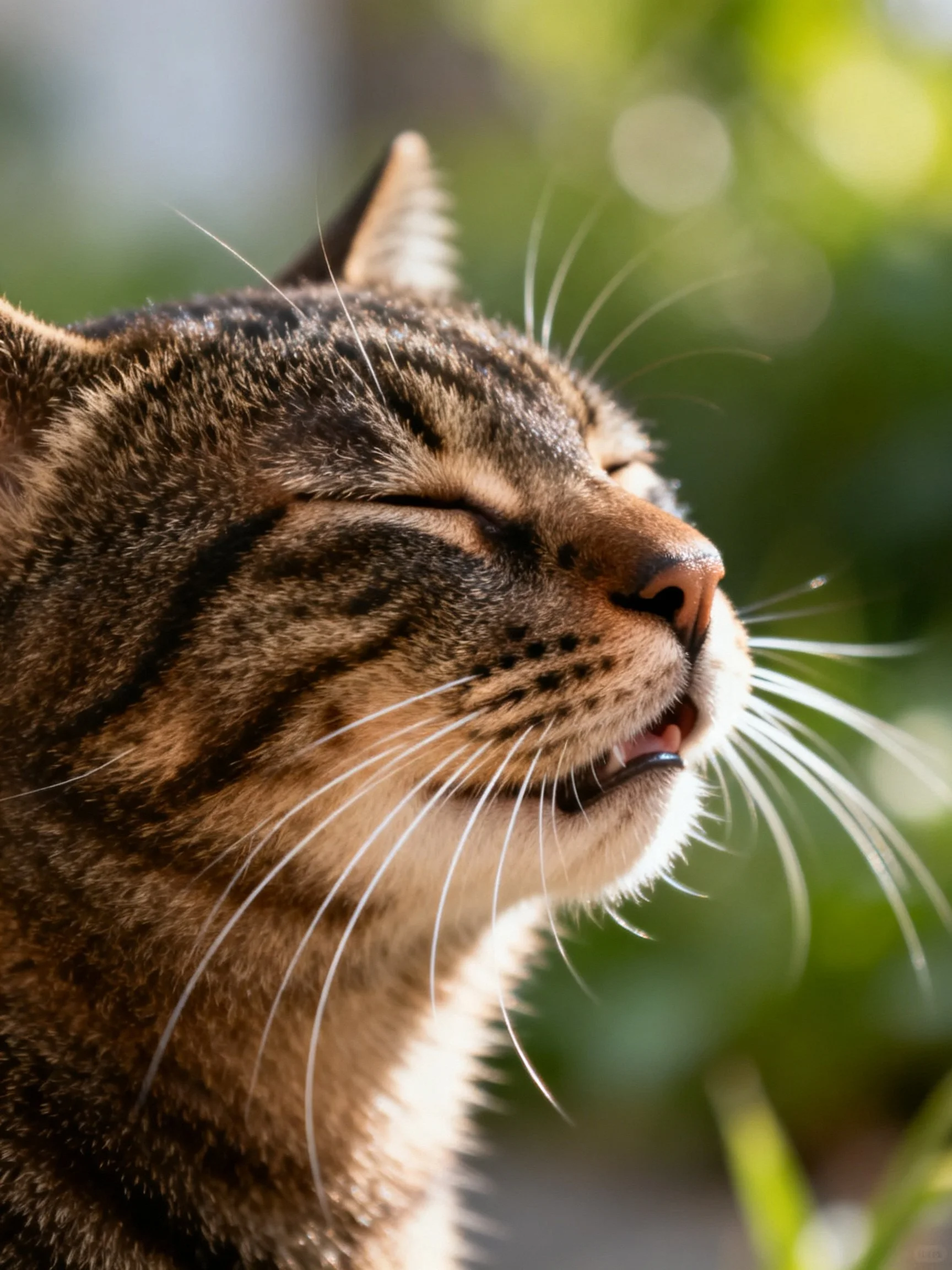 Close-up of a tabby cat with closed eyes and prominent whiskers