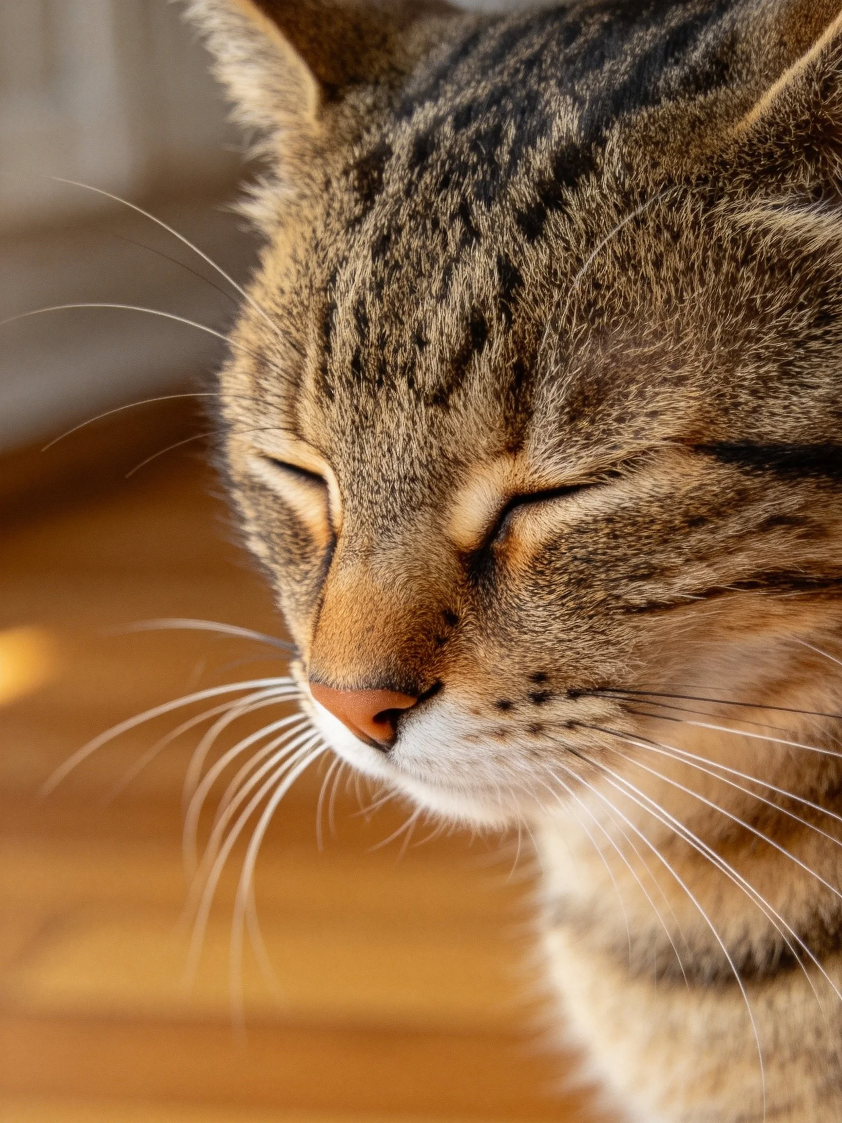 Close-up of a tabby cat with closed eyes on wooden flooring