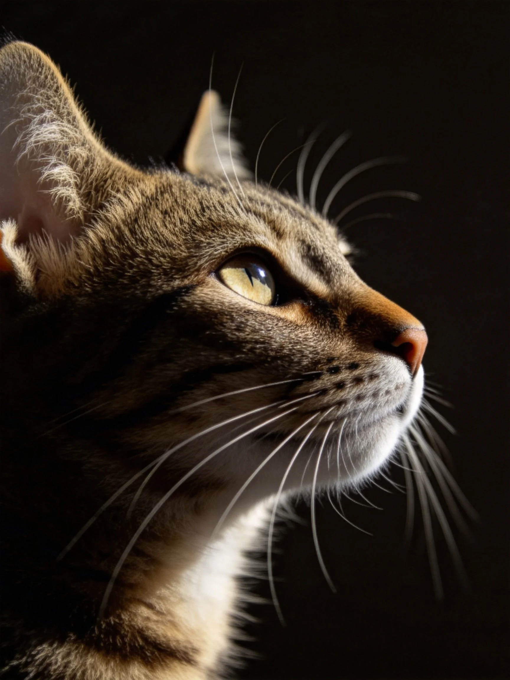 Close - up of a tabby cat with detailed fur and striking yellow eyes