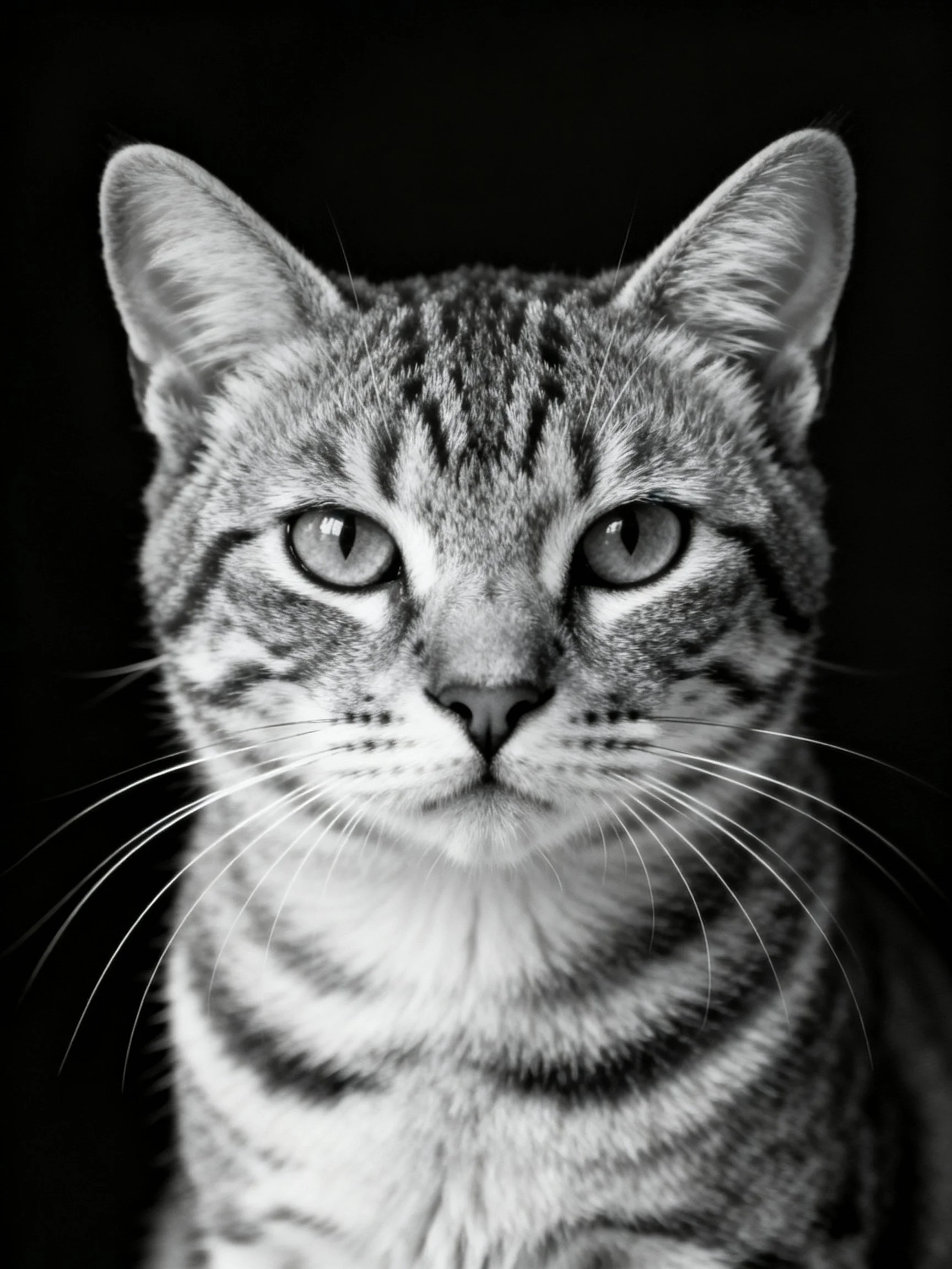 Close-up of a tabby cat with distinct striped patterns on a black backdrop