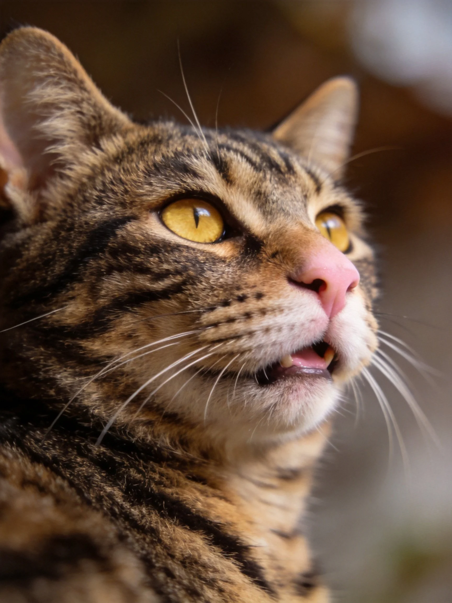 A close-up shows a tabby cat with golden eyes and striped fur.