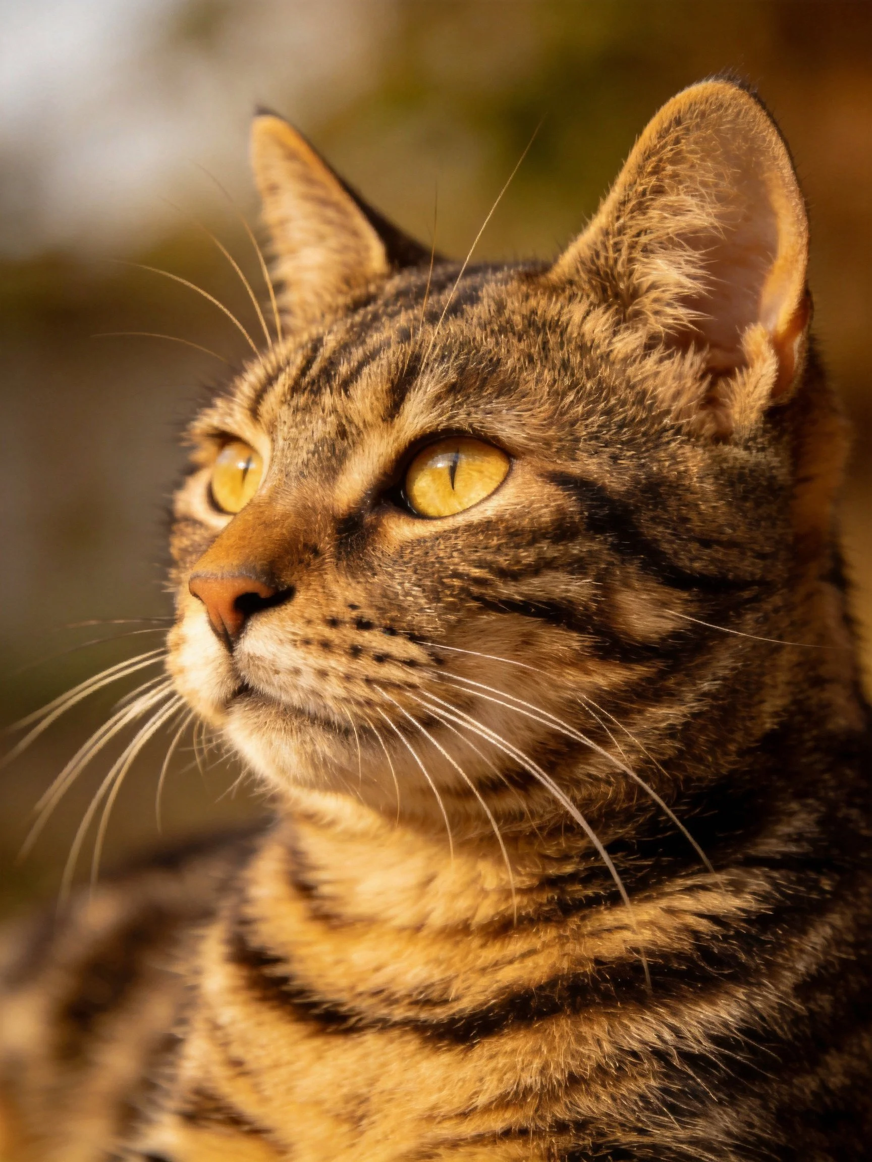 A tabby cat gazes upward with golden eyes amid warm light.