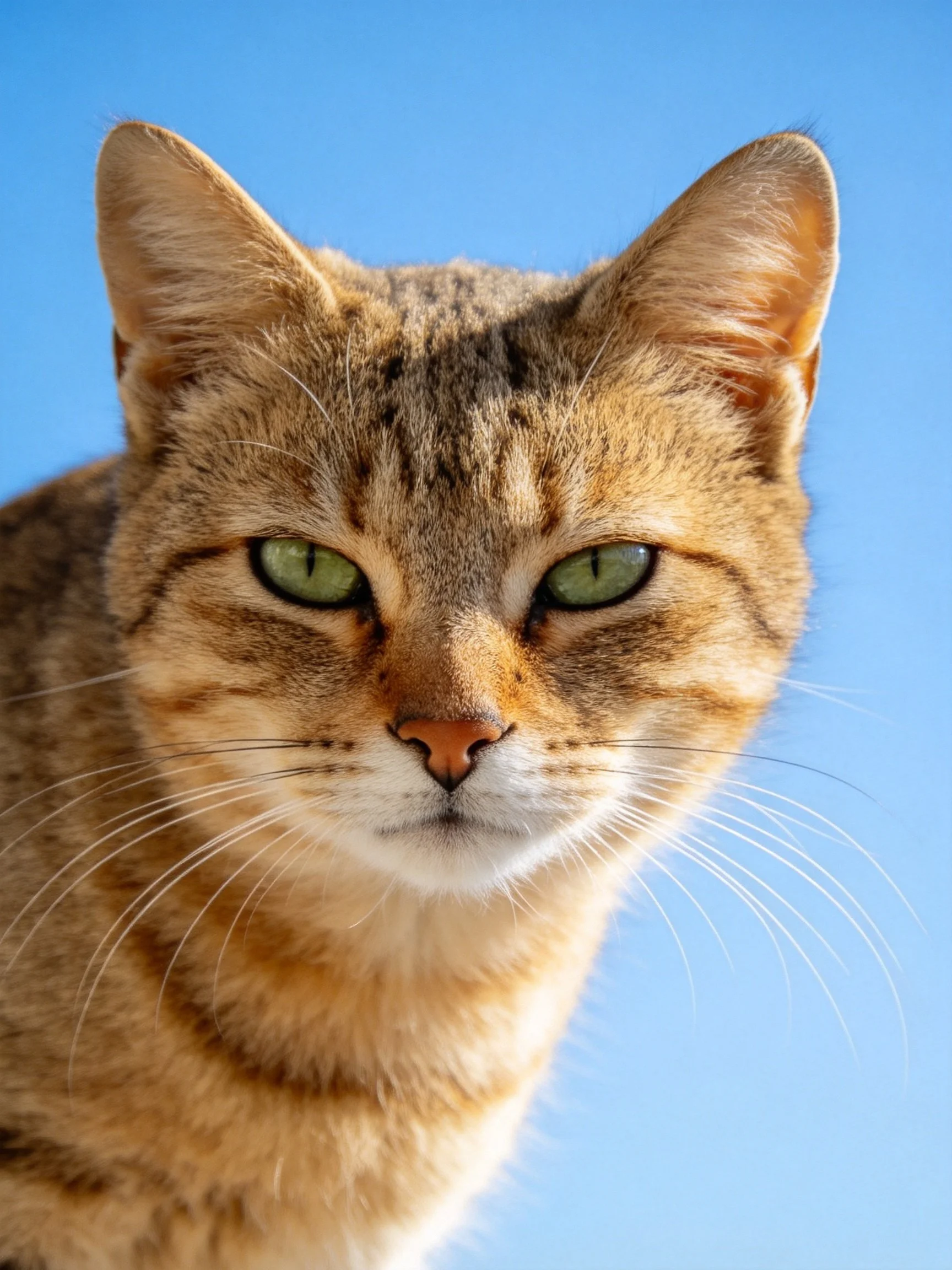 Close - up of a tabby cat with green eyes against a clear blue sky
