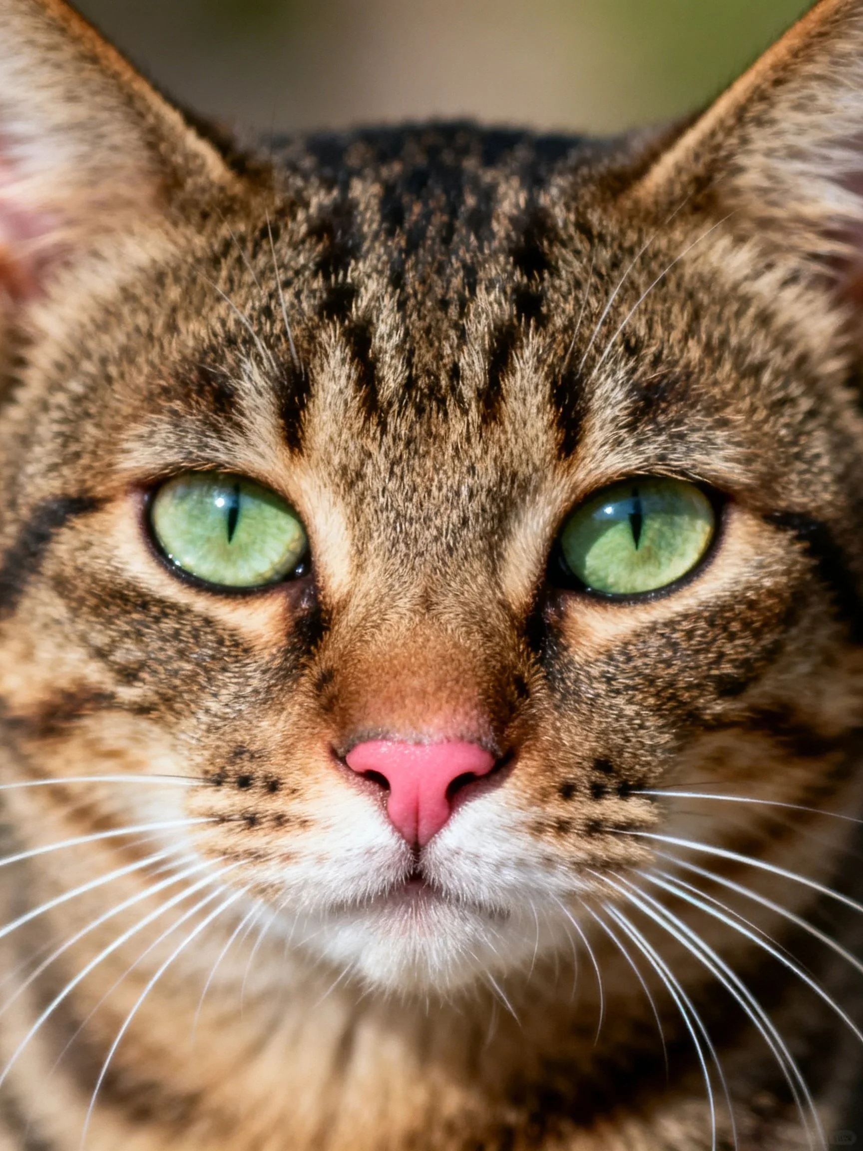 A close - up view of a tabby cat showcasing its green eyes and patterned coat.