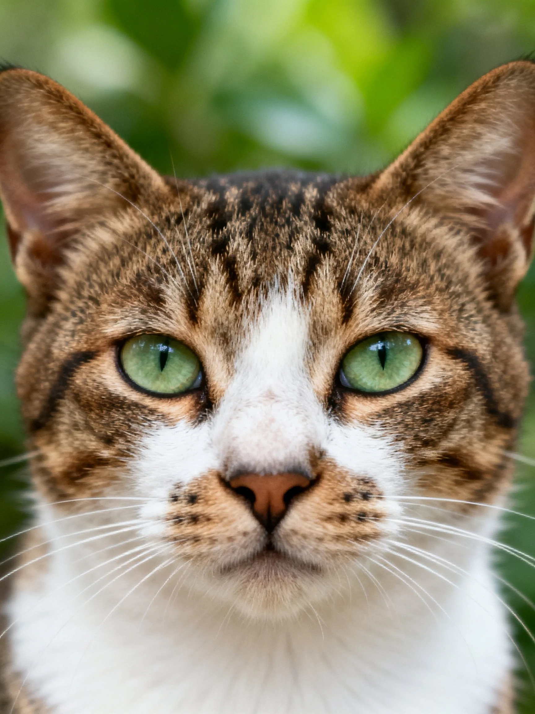 A close-up focuses on a tabby cat with striking green eyes.