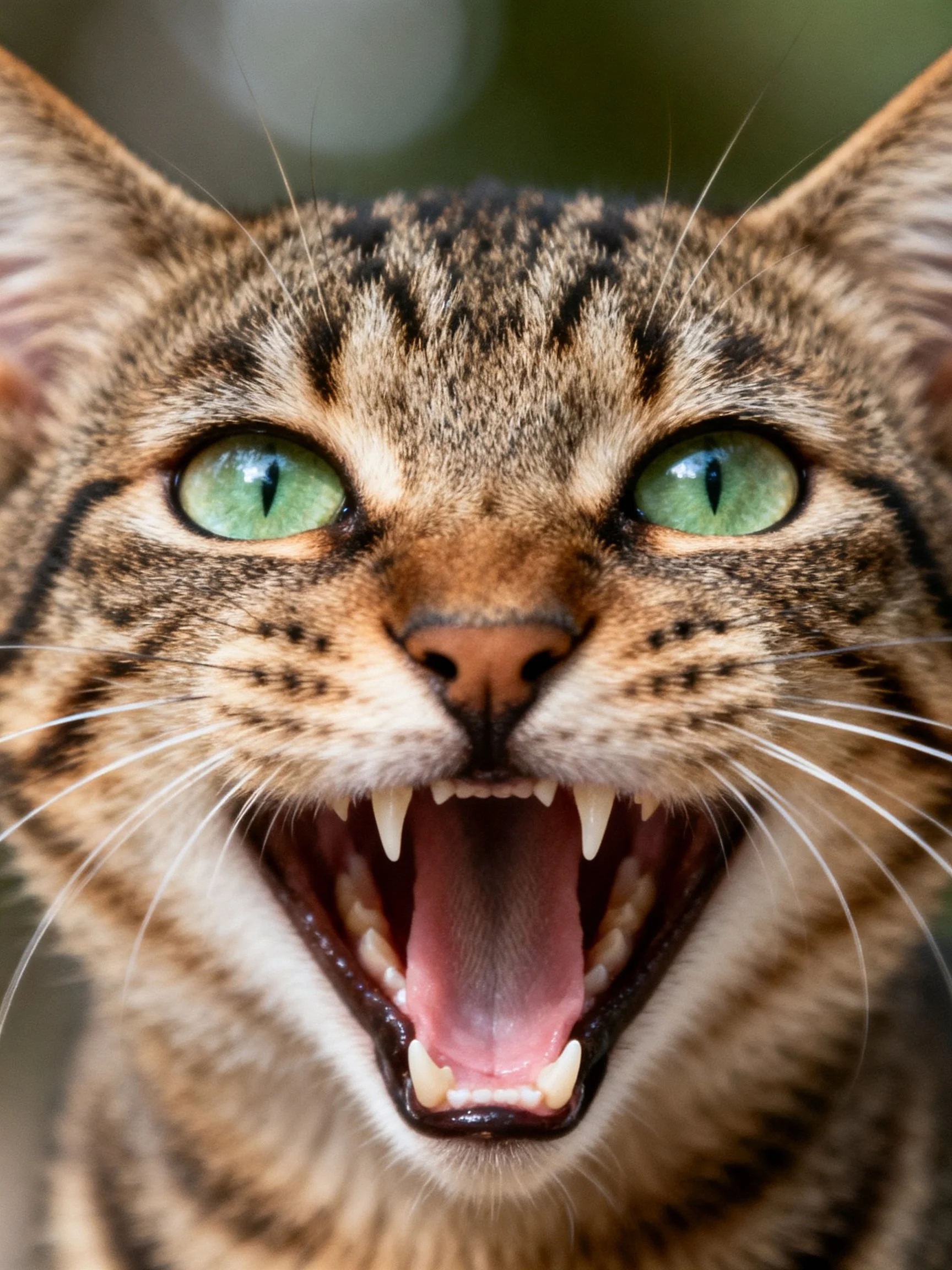 Close - up of a tabby cat with green eyes and open mouth