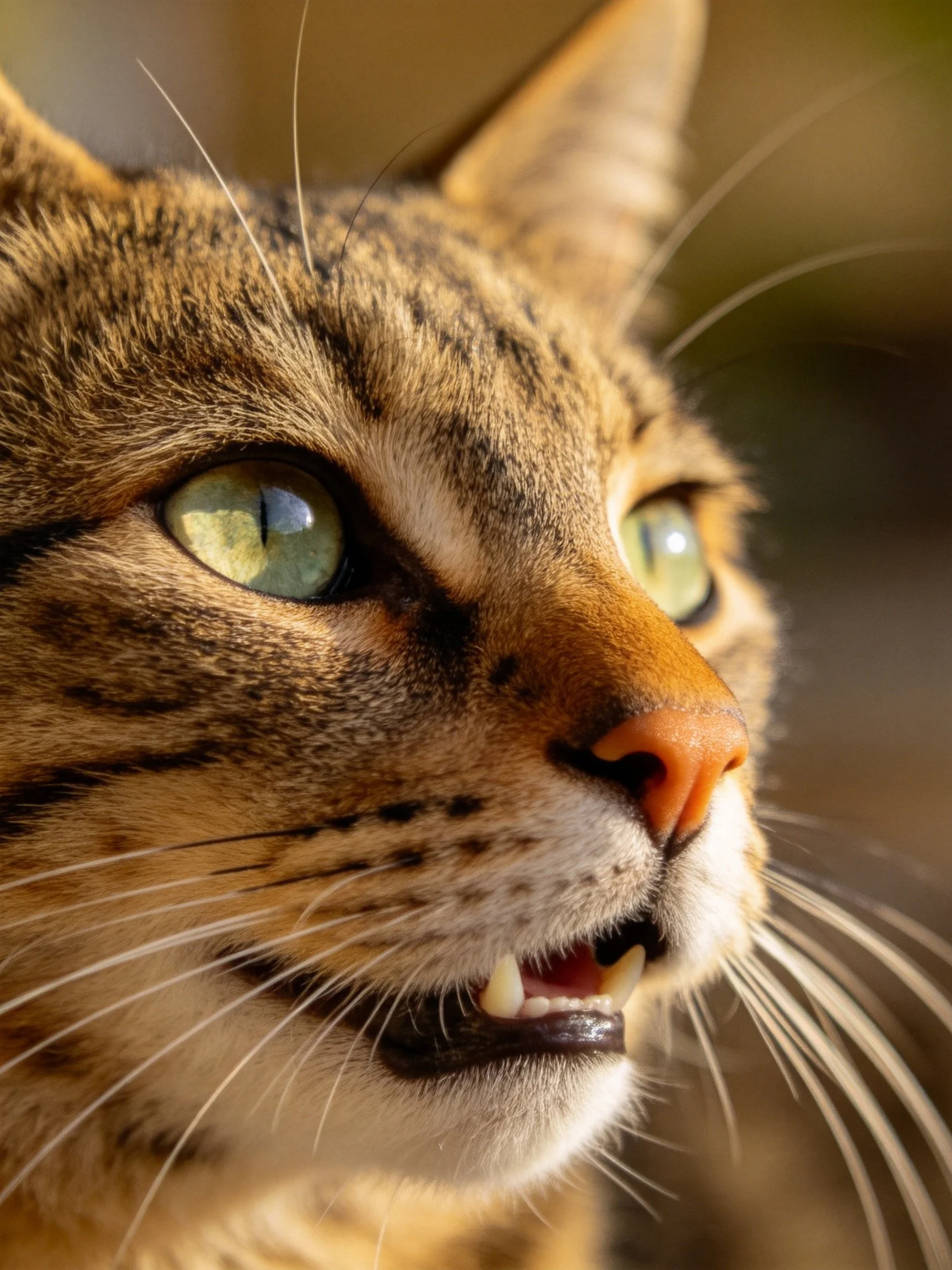Close - up of a tabby cat with green eyes and orange nose