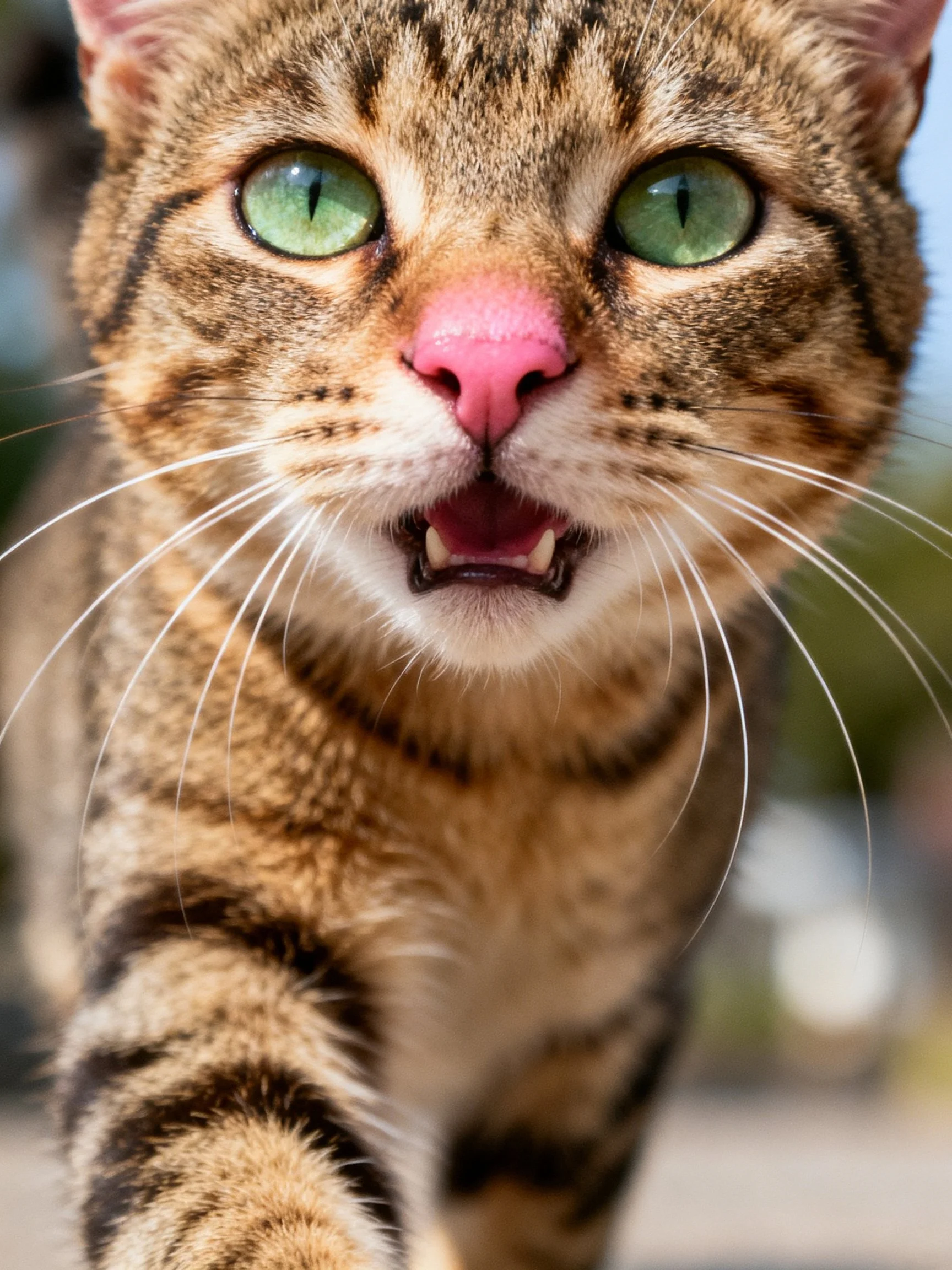 Close - up of a tabby cat with green eyes and pink nose