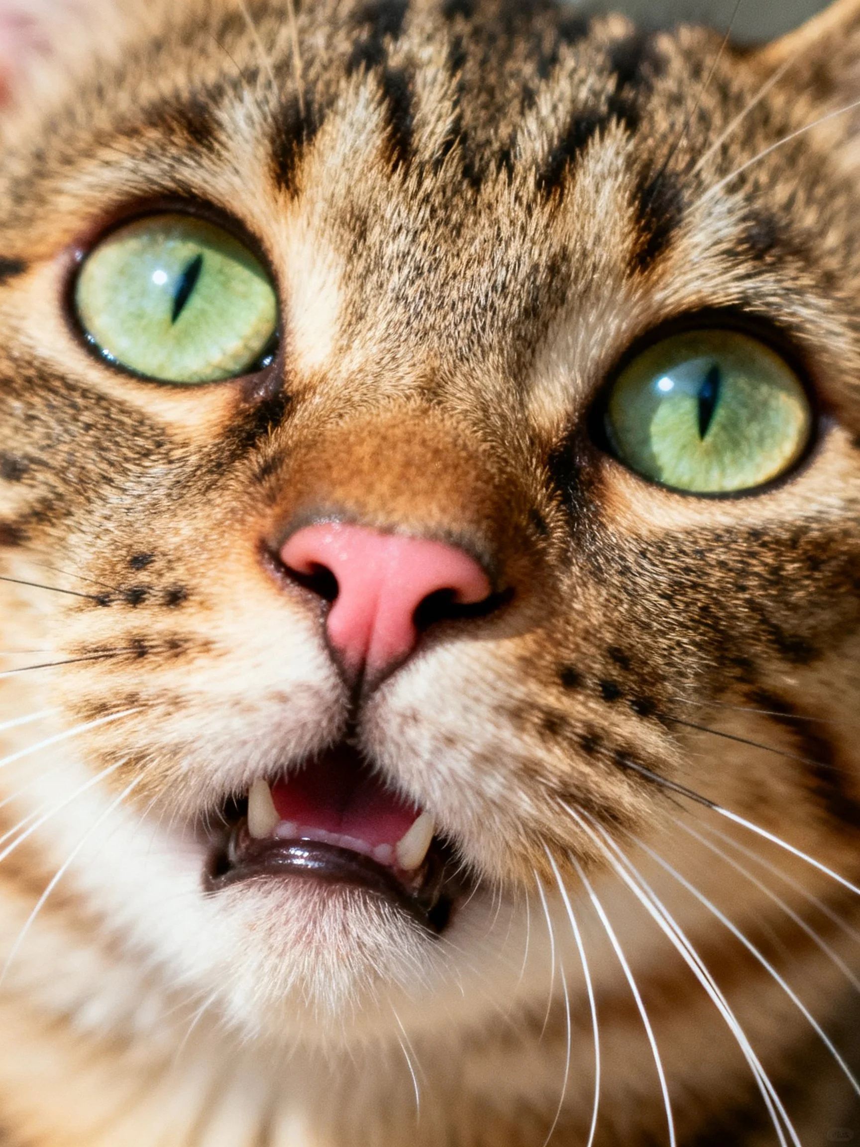Close - up of a tabby cat with green eyes and pink nose