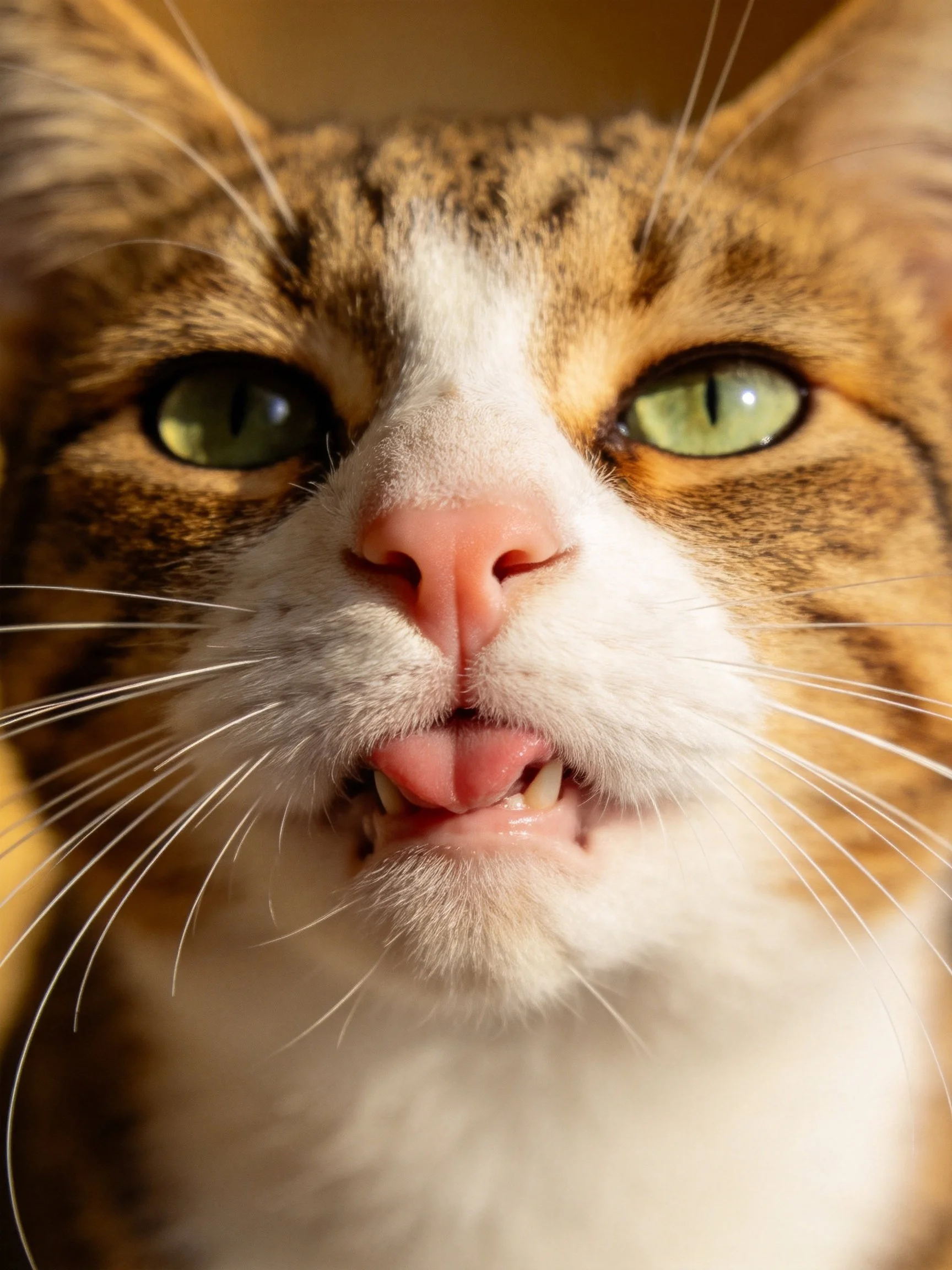 A close - up view of a tabby cat displaying its facial features and fur details