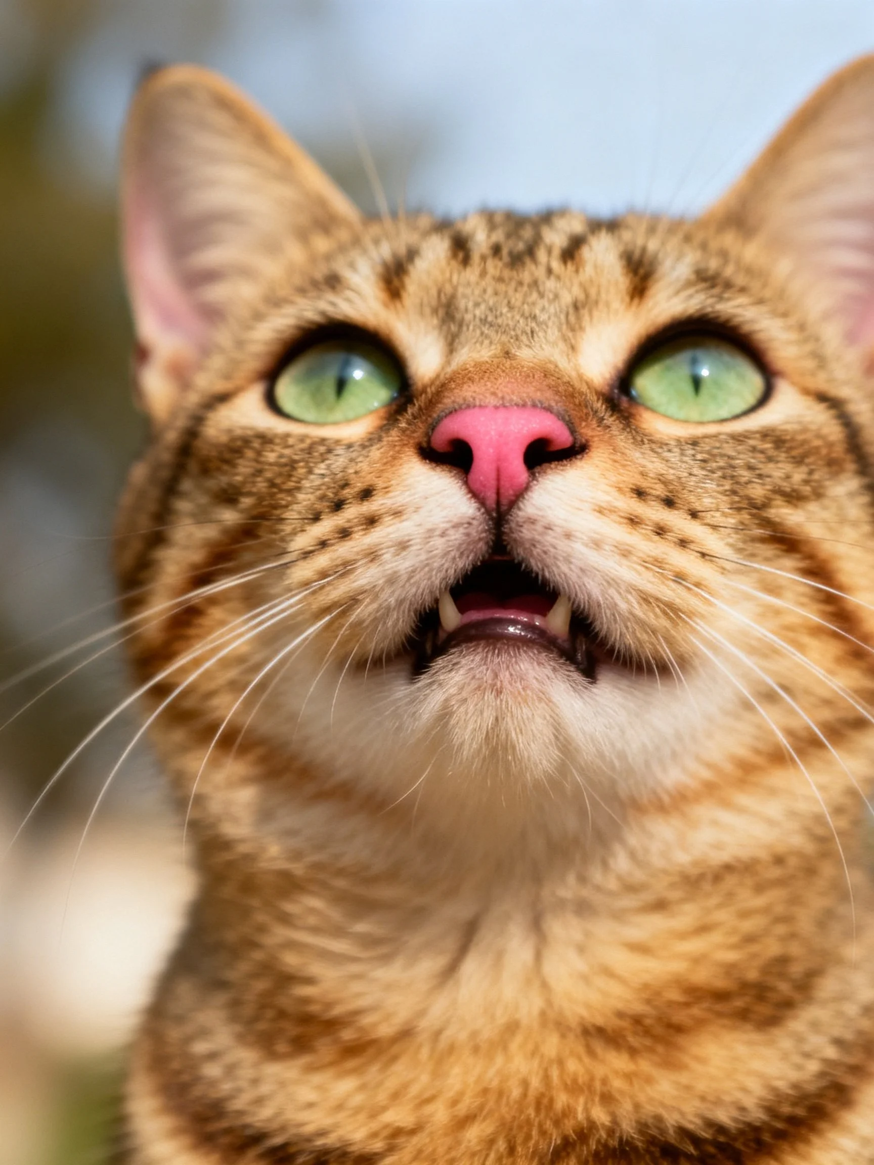 A close - up of a tabby cat with green eyes looks upward.