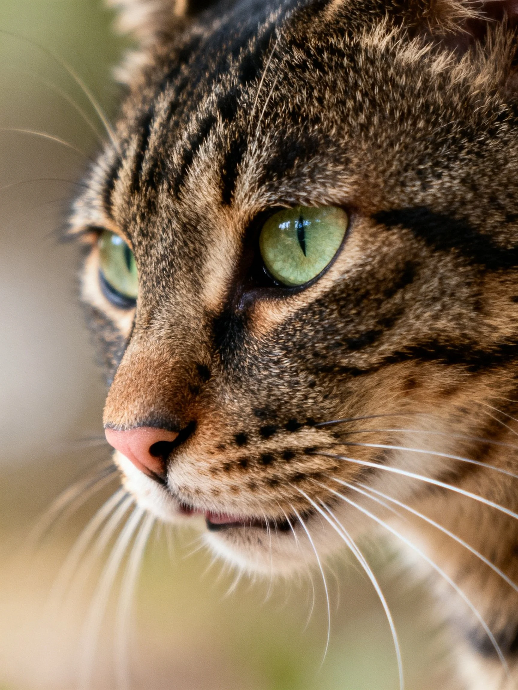 A close - up reveals a tabby cat with vivid green eyes and distinctive fur markings.