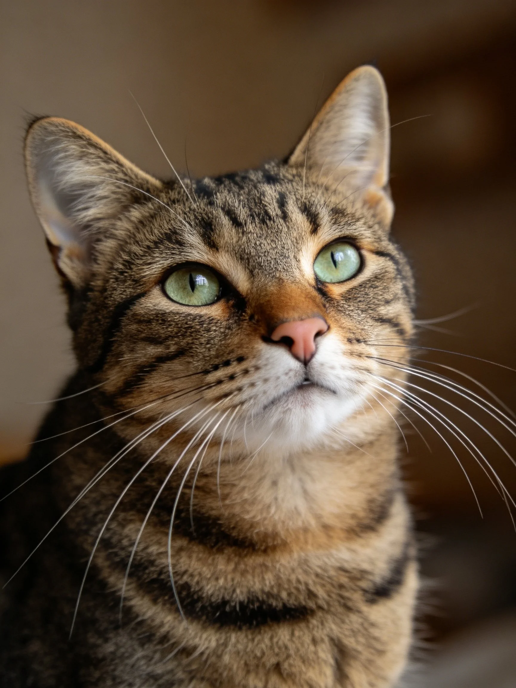 A tabby cat with green eyes is shown in a close - up photograph.