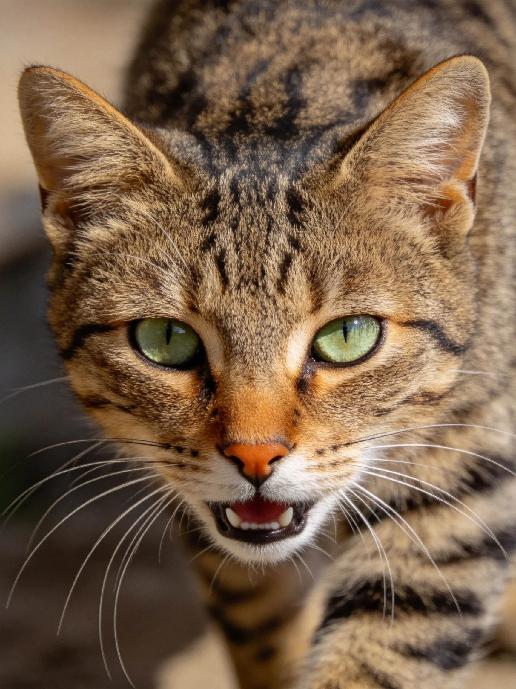 Close-up of a tabby cat with green eyes and striped fur