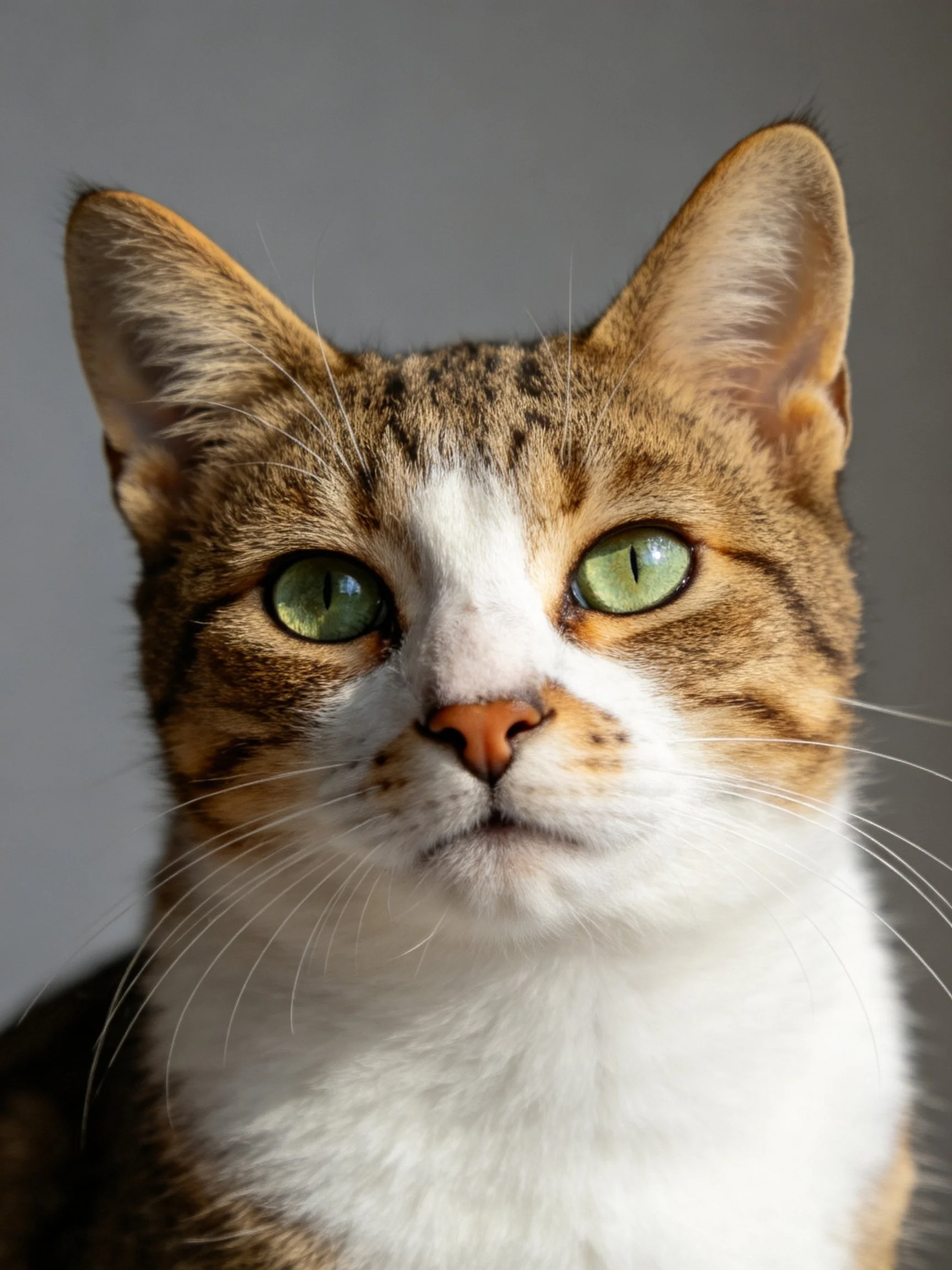A tabby cat with green eyes and white markings is photographed up close.