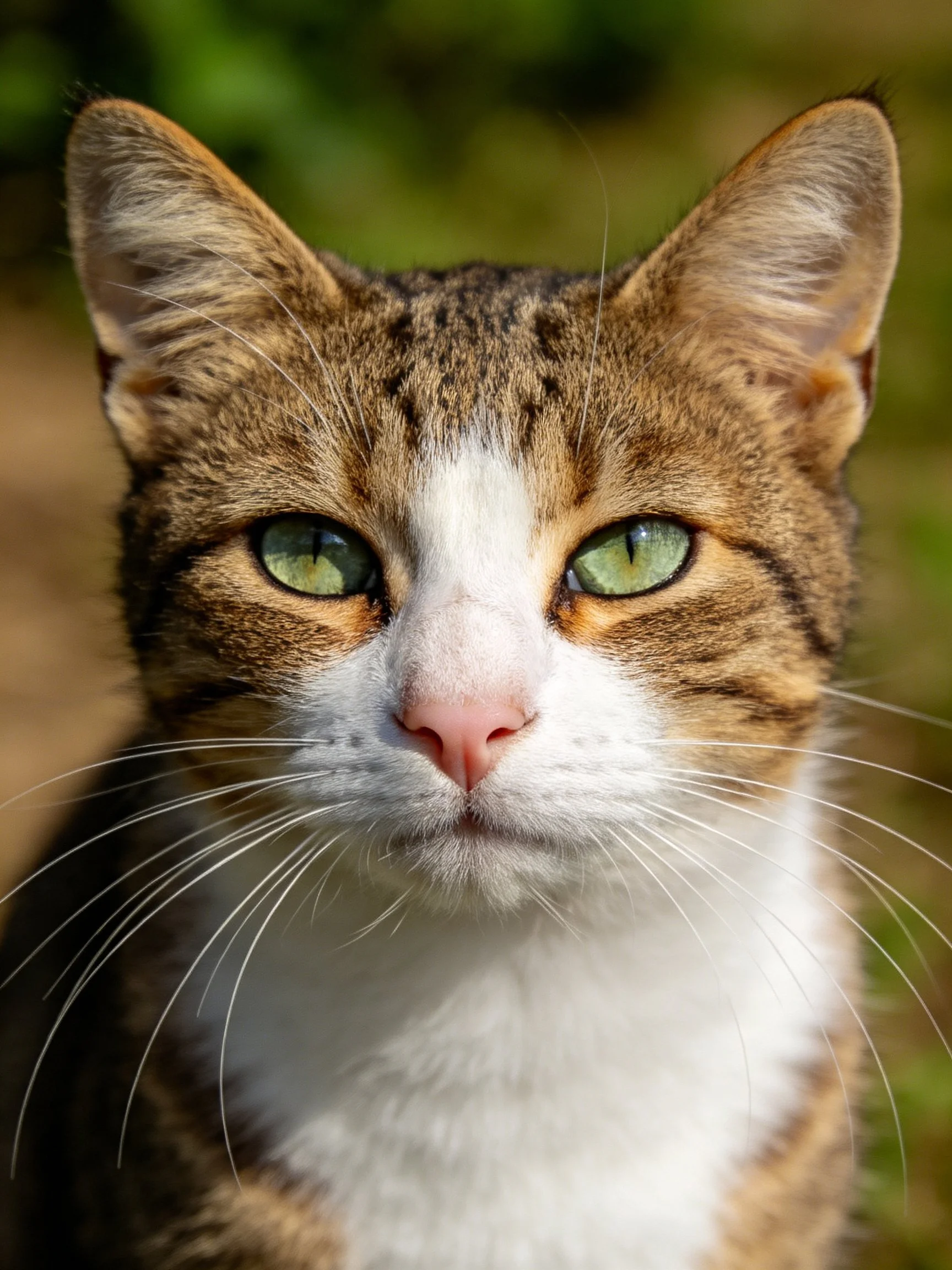 A close - up portrait of a tabby cat with green eyes.