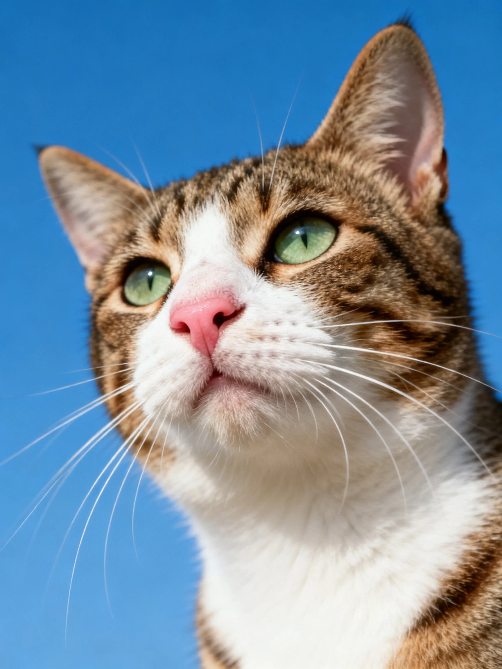 A close-up reveals a tabby cat with green eyes and white facial patches.