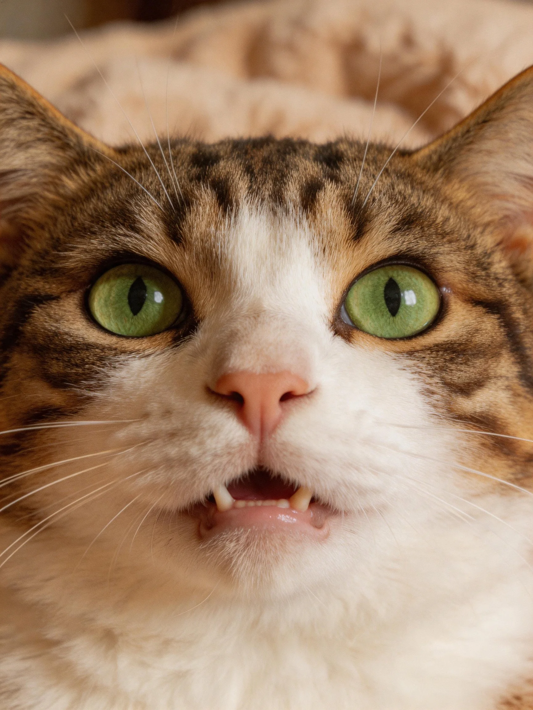 A close - up shows a tabby cat with bright green eyes and an open mouth.