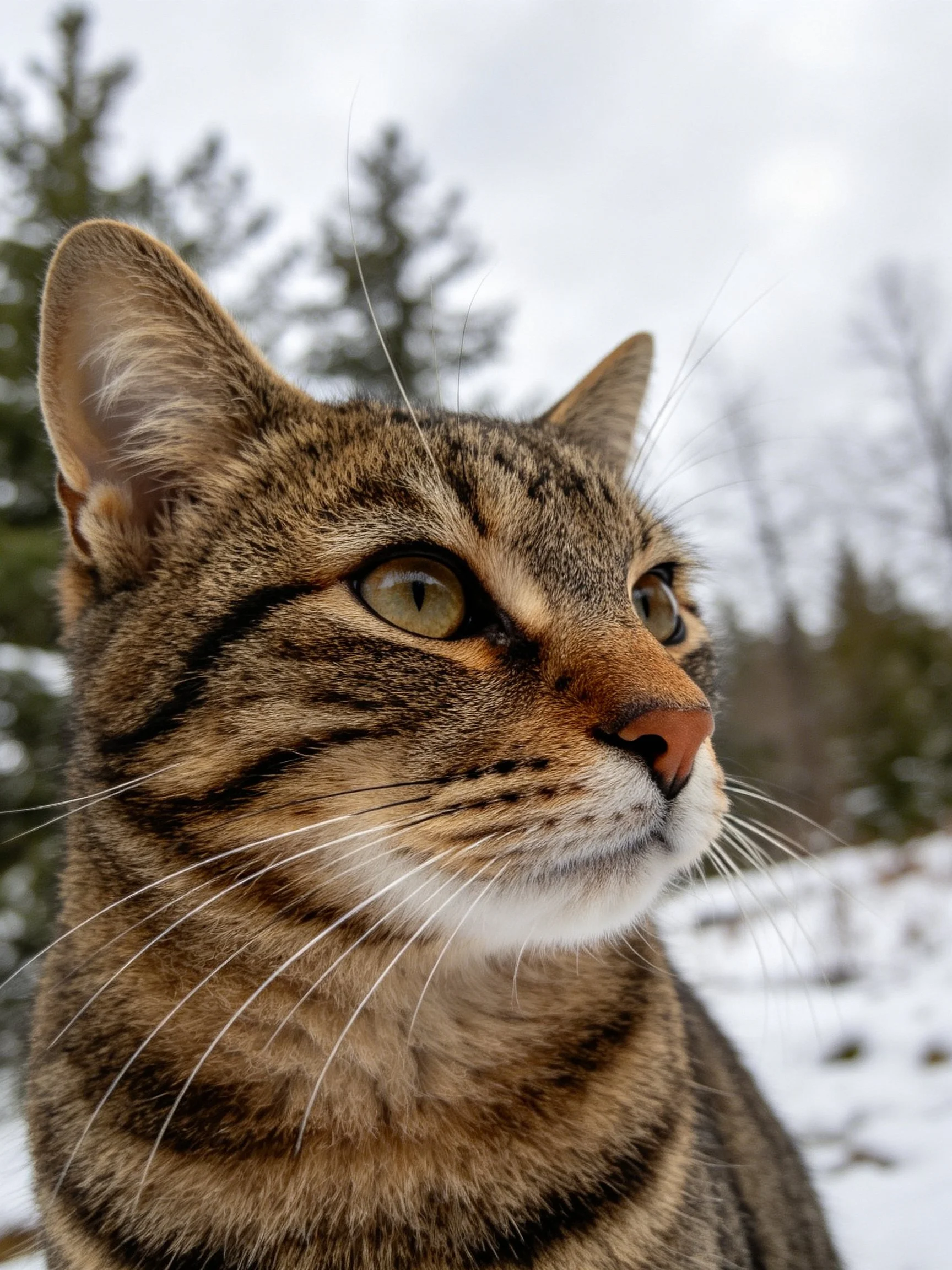 A tabby cat with green eyes is photographed up close in a snowy outdoor environment.