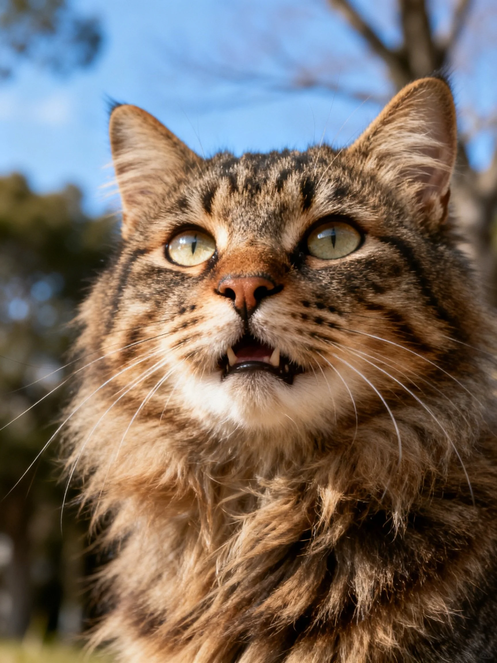 A tabby cat with green eyes is photographed up close outdoors.