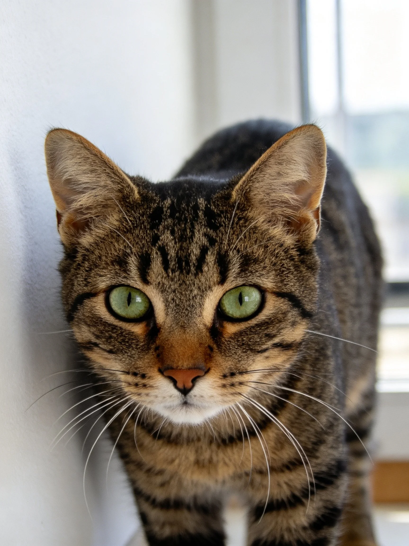 A tabby cat with green eyes is near a bright window.