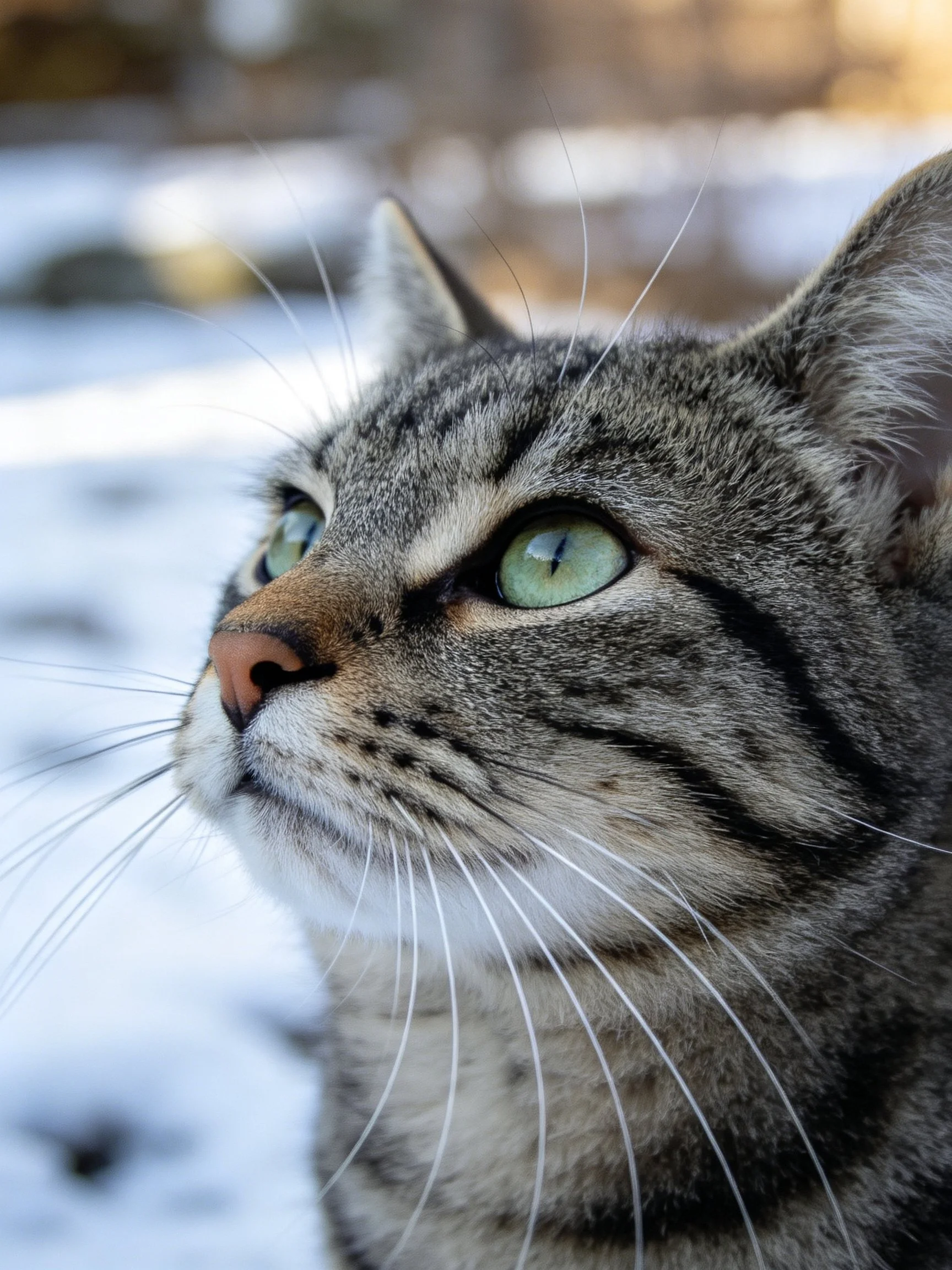 A tabby cat with green eyes looks upward near a snowy area